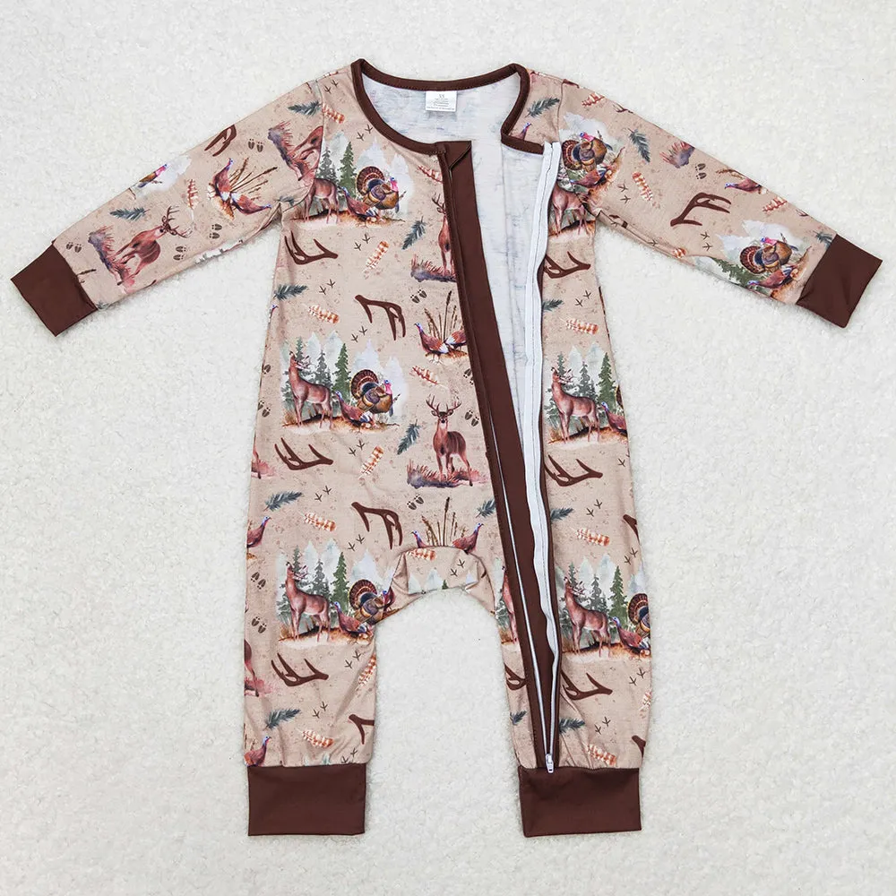 Baby Infant Boys Rompers Fall Deers Hunting Turkey Zip Bamboo Rompers LR1014