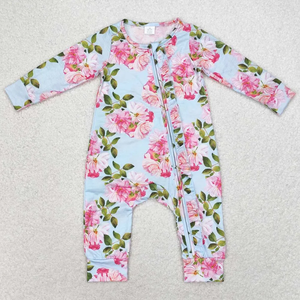 Baby Infant Girls Rompers Blue Flowers Long Sleeve Rompers LR0880