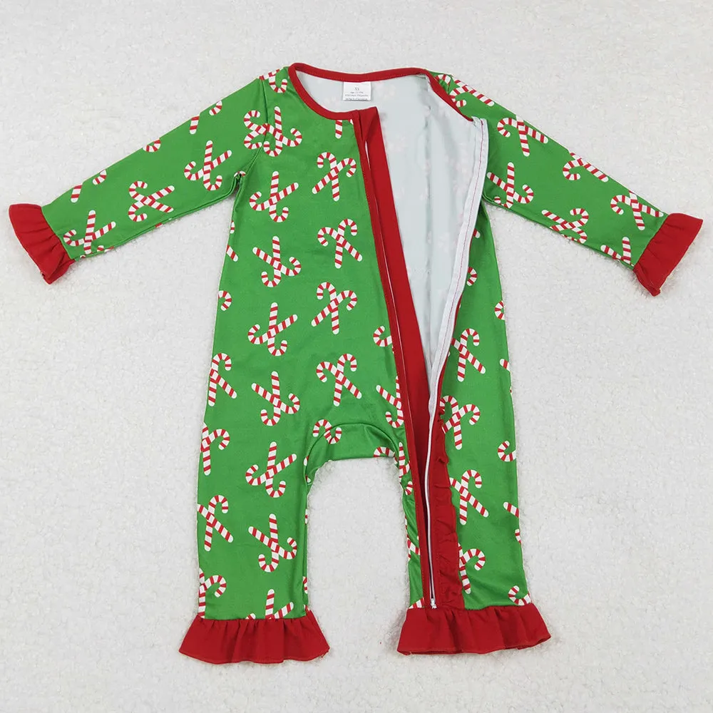 Baby Infant Girls Rompers Christmas Candy Cane Long Sleeve Zip Rompers LR1236