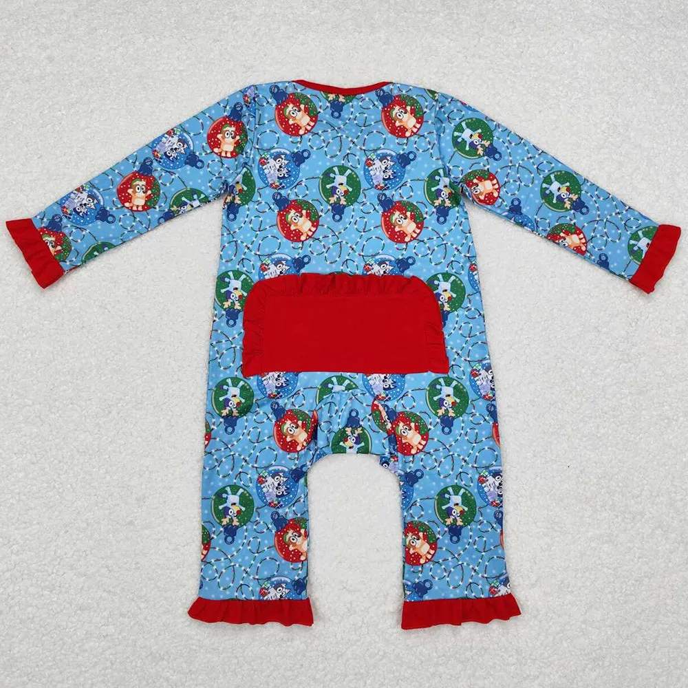 Baby Infant Girls Rompers Christmas Dogs Long Sleeve Zip Rompers Sibling Clothing LR1314