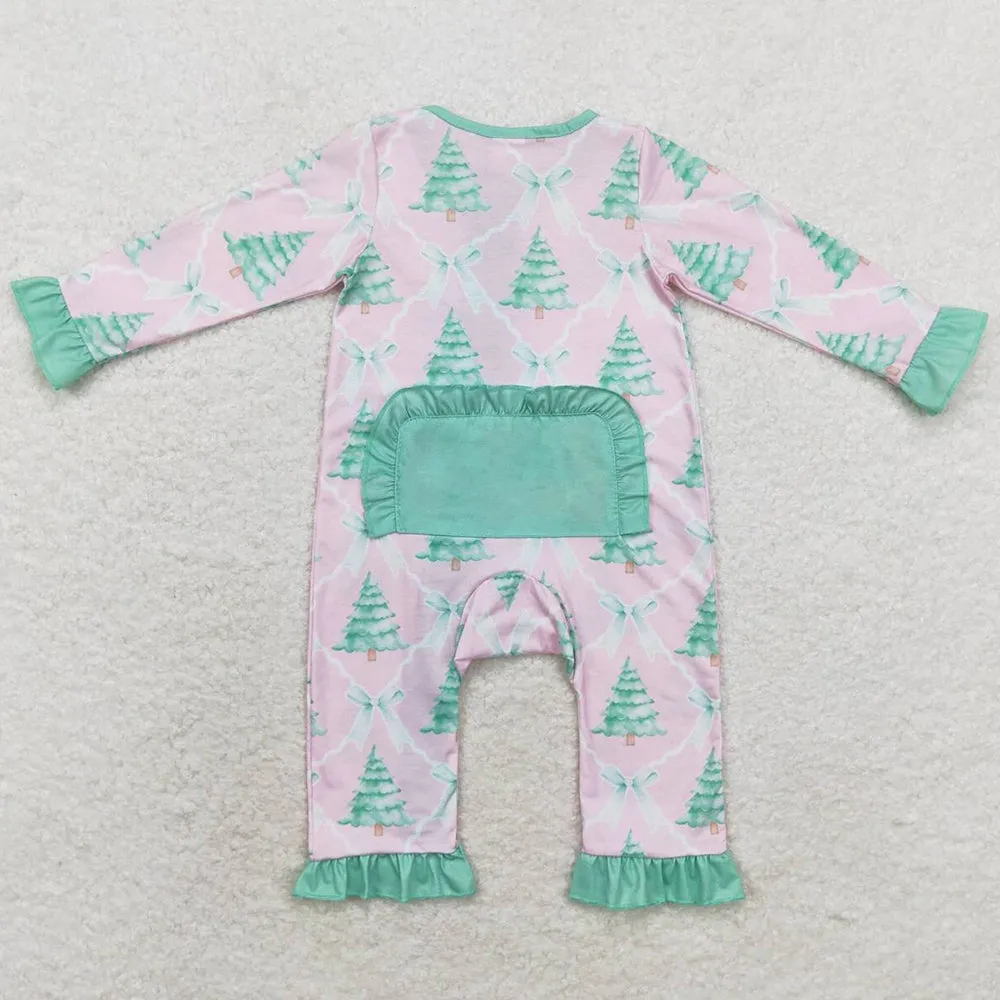 Baby Infant Girls Rompers Christmas Pink Bows Trees Zip Bamboo Rompers LR1073