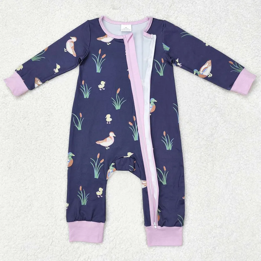 Baby Infant Girls Rompers Fall Ducks Lavender Zip Long Sleeve Rompers LR1036