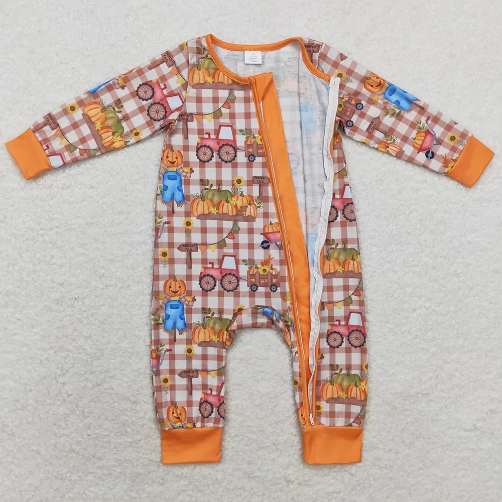 Baby Infant Kids Rompers Fall Pumpkin Trucks Zip Bamboo Rompers LR1046