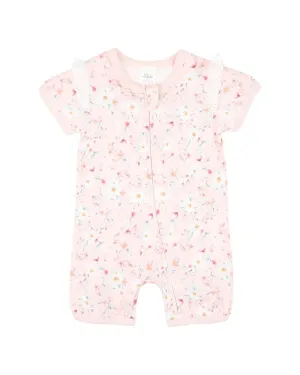 BEBE ZOE PRINT SHORT SLEEVE ZIP ROMPER