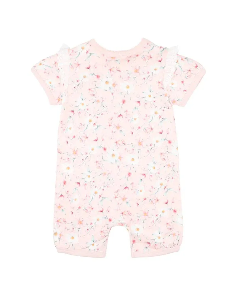 BEBE ZOE PRINT SHORT SLEEVE ZIP ROMPER