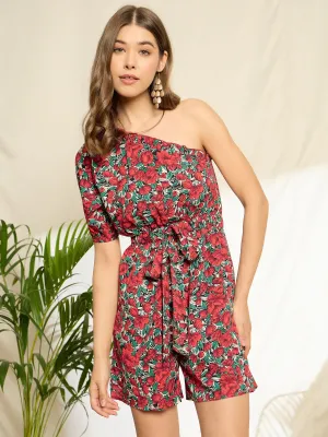 Berrylush Women Red & Green Floral Printed One-Shoulder Neck Puff Sleeve Tie-Up Waist Ruffled Mini Romper