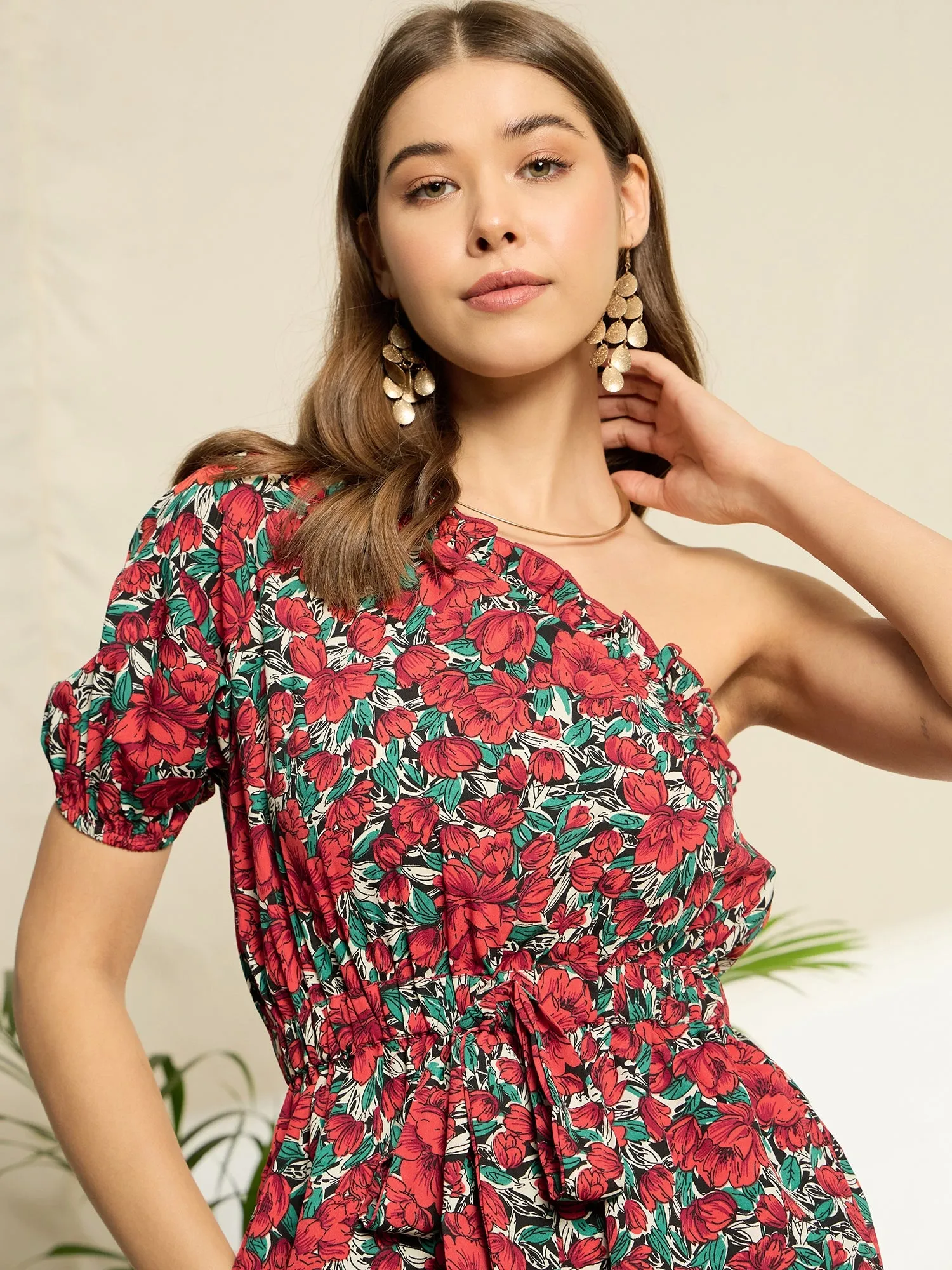 Berrylush Women Red & Green Floral Printed One-Shoulder Neck Puff Sleeve Tie-Up Waist Ruffled Mini Romper