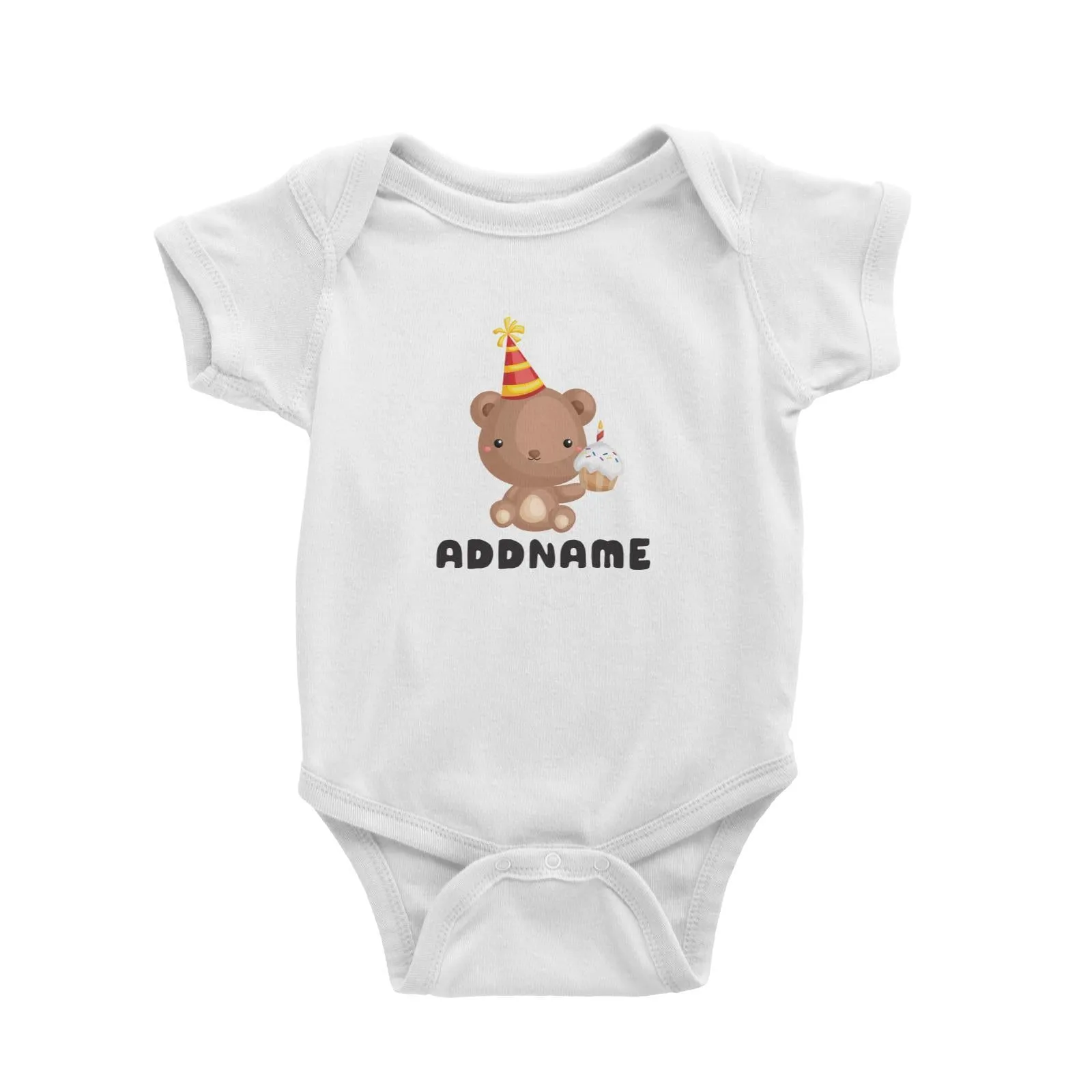 Birthday Friendly Animals Bear Holding Cupcake Addname Baby Romper