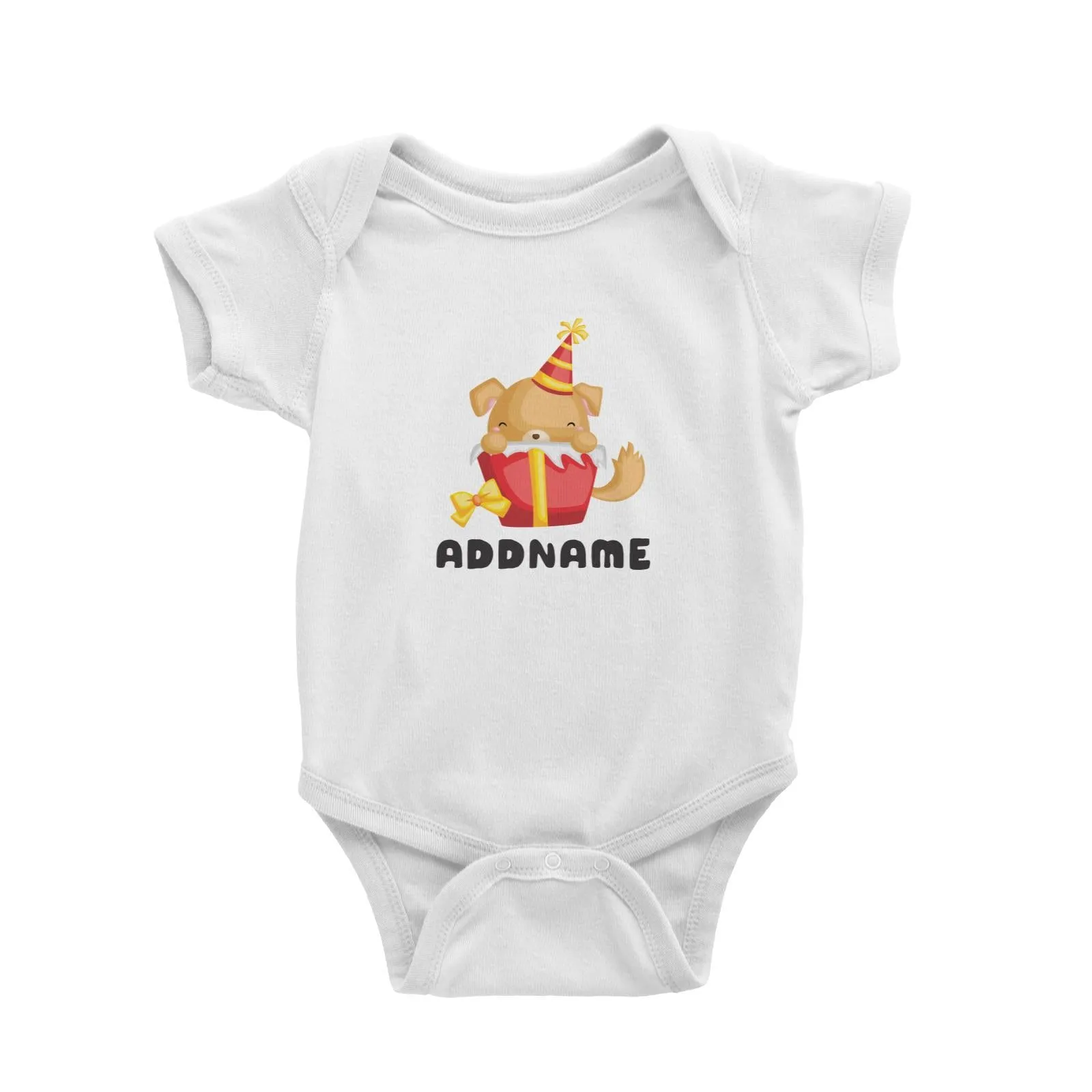 Birthday Friendly Animals Happy Dog Inside Present Box Addname Baby Romper