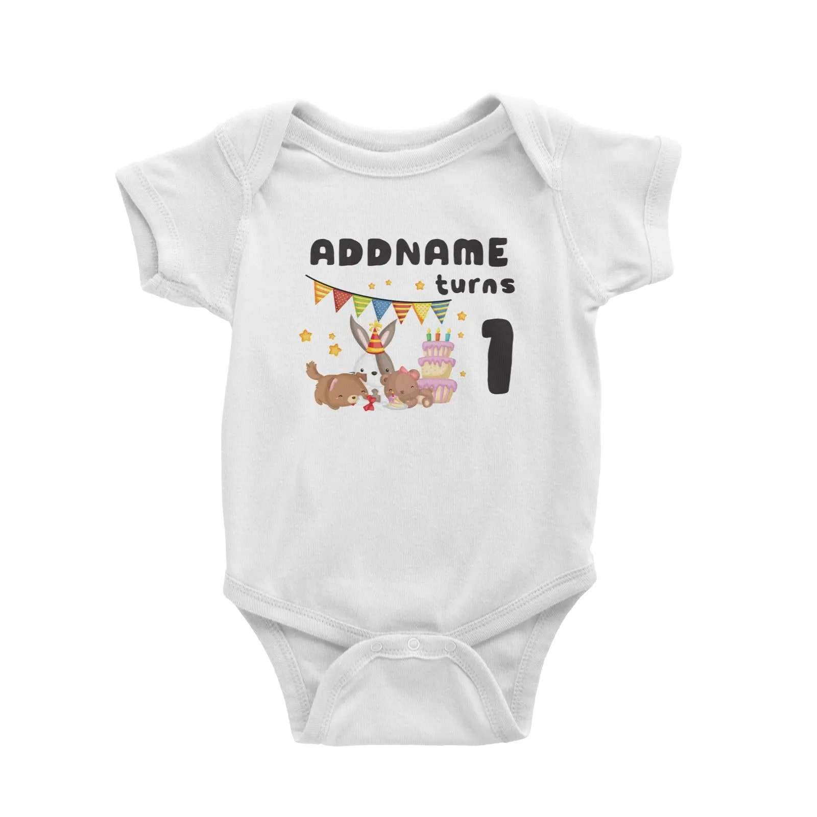 Birthday Friendly Animals Rabbit Bear And Dog Party Eating Cake Addname Turns 1 Baby Romper