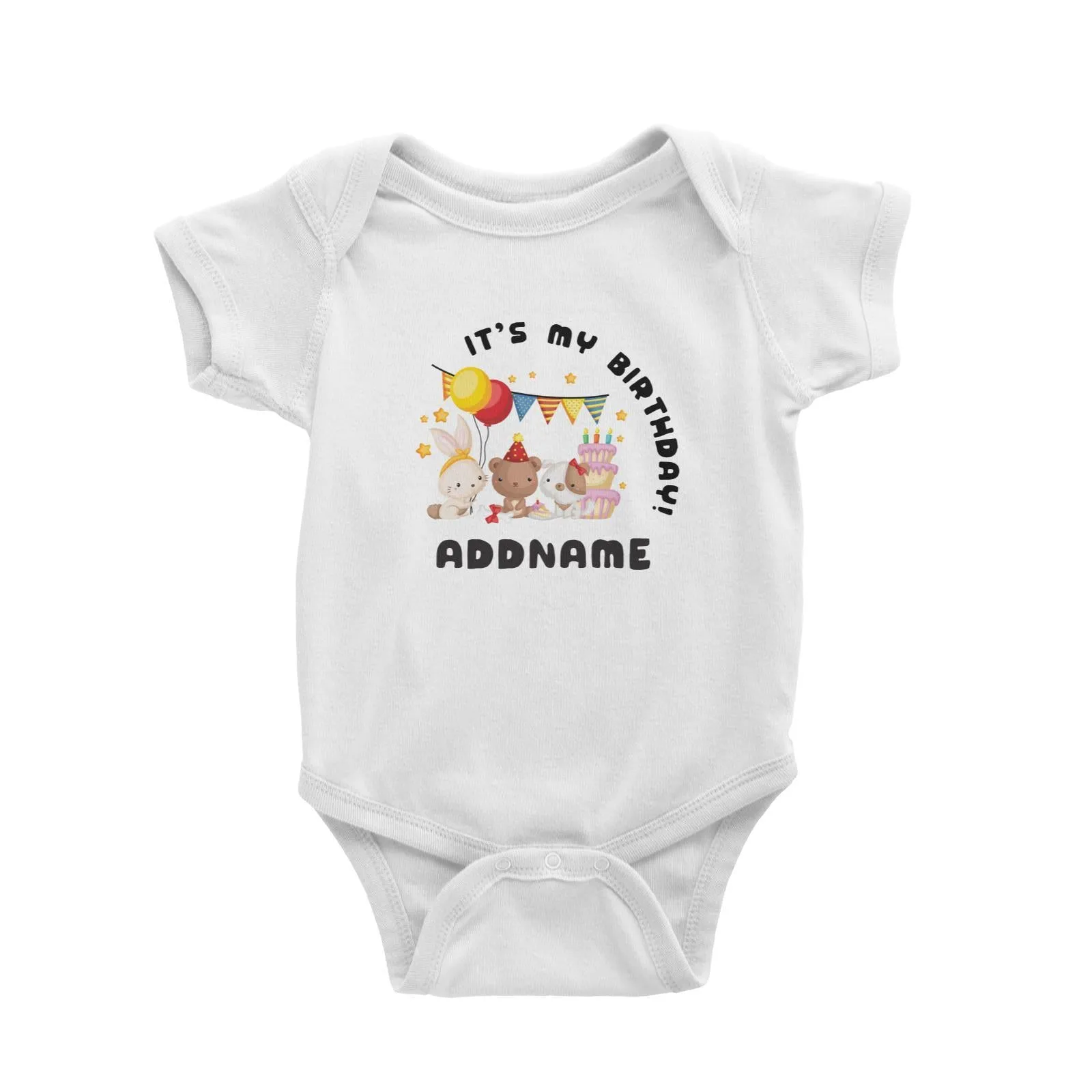 Birthday Friendly Animals Rabbit Bear And Dog Party It's My Birthday Addname Baby Romper