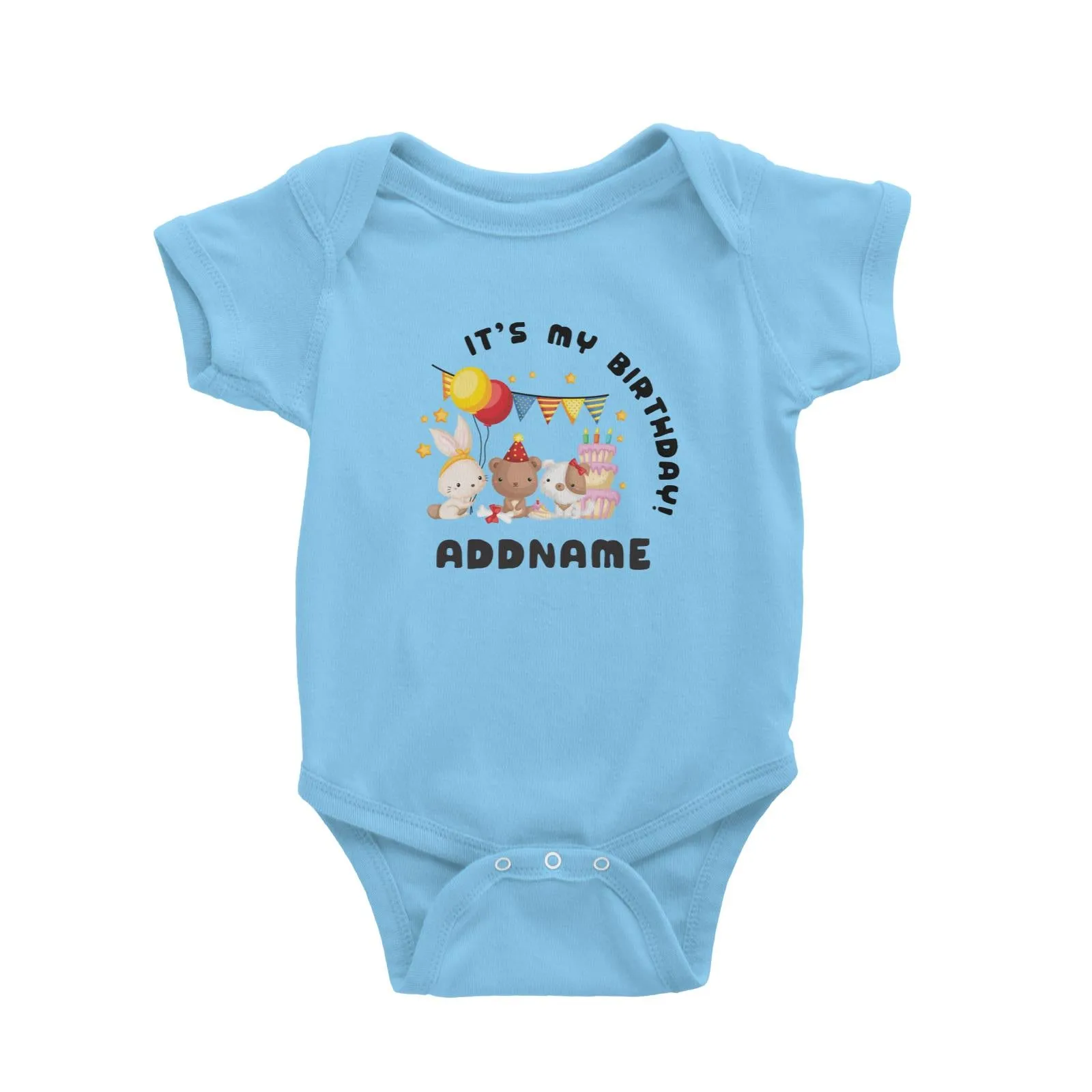 Birthday Friendly Animals Rabbit Bear And Dog Party It's My Birthday Addname Baby Romper