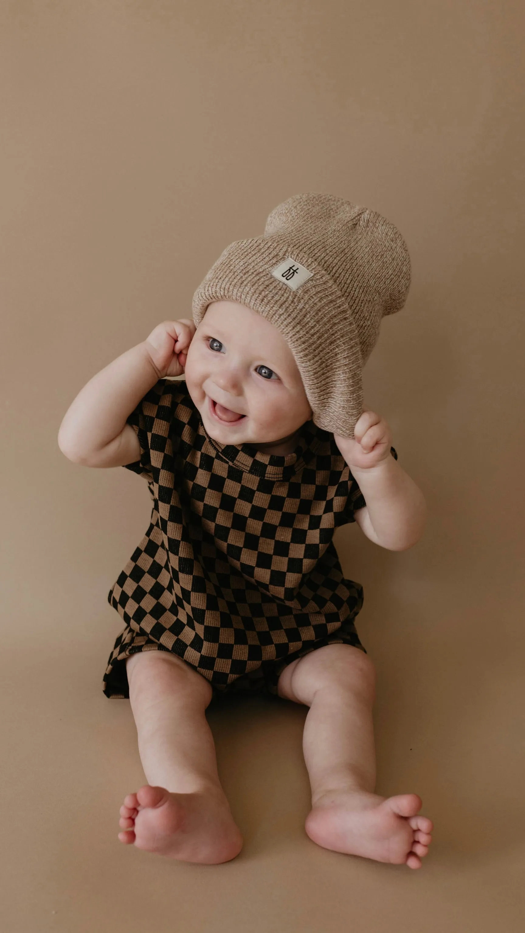 Black & Brown Checkerboard | Short Sleeve Ribbed Romper