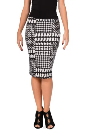 Black and White Allover Houndstooth Pattern Pencil Skirt