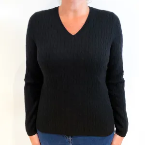 Black Cable Knit Cashmere V-Neck Jumper Large