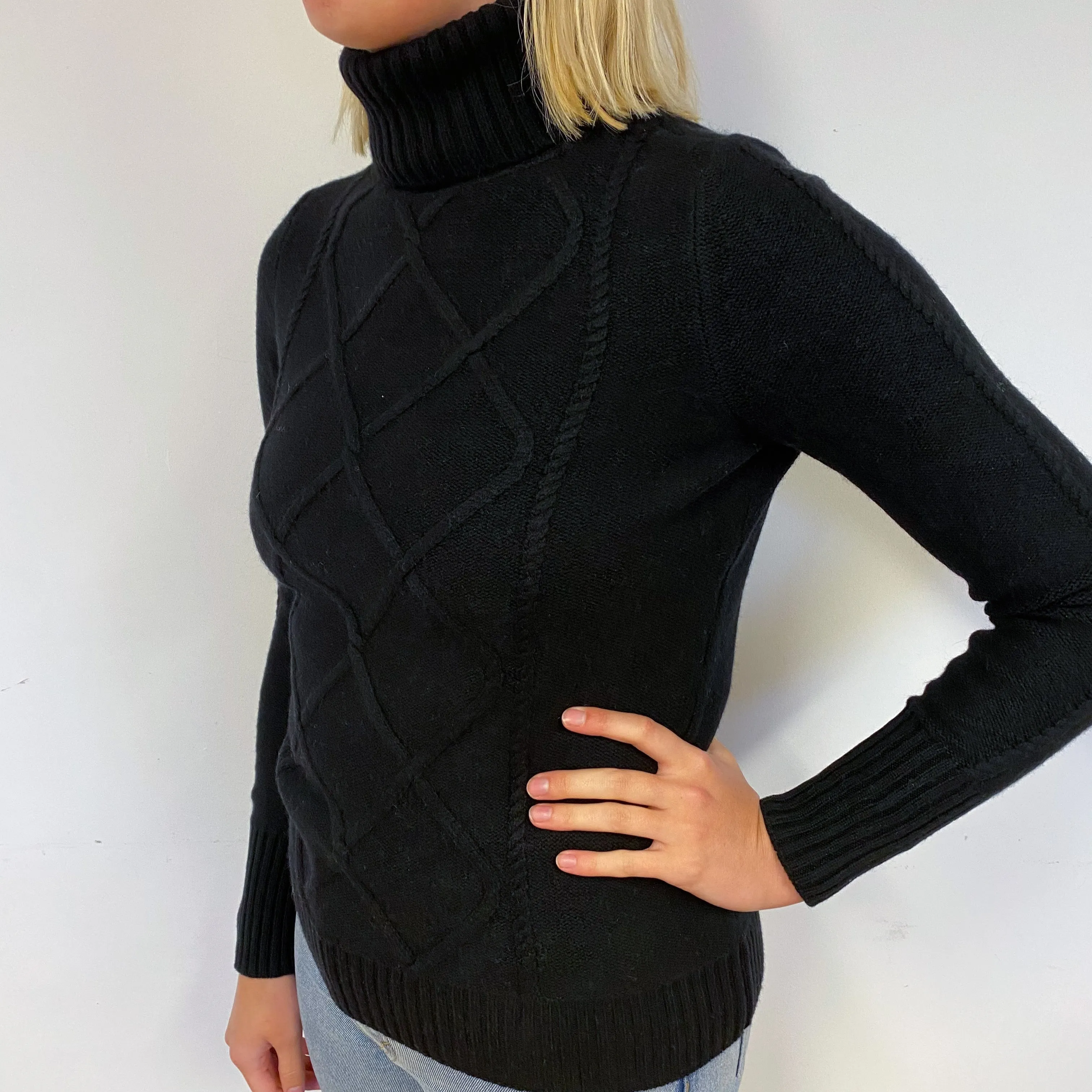 Black Chunky Cashmere Polo Neck Jumper Small