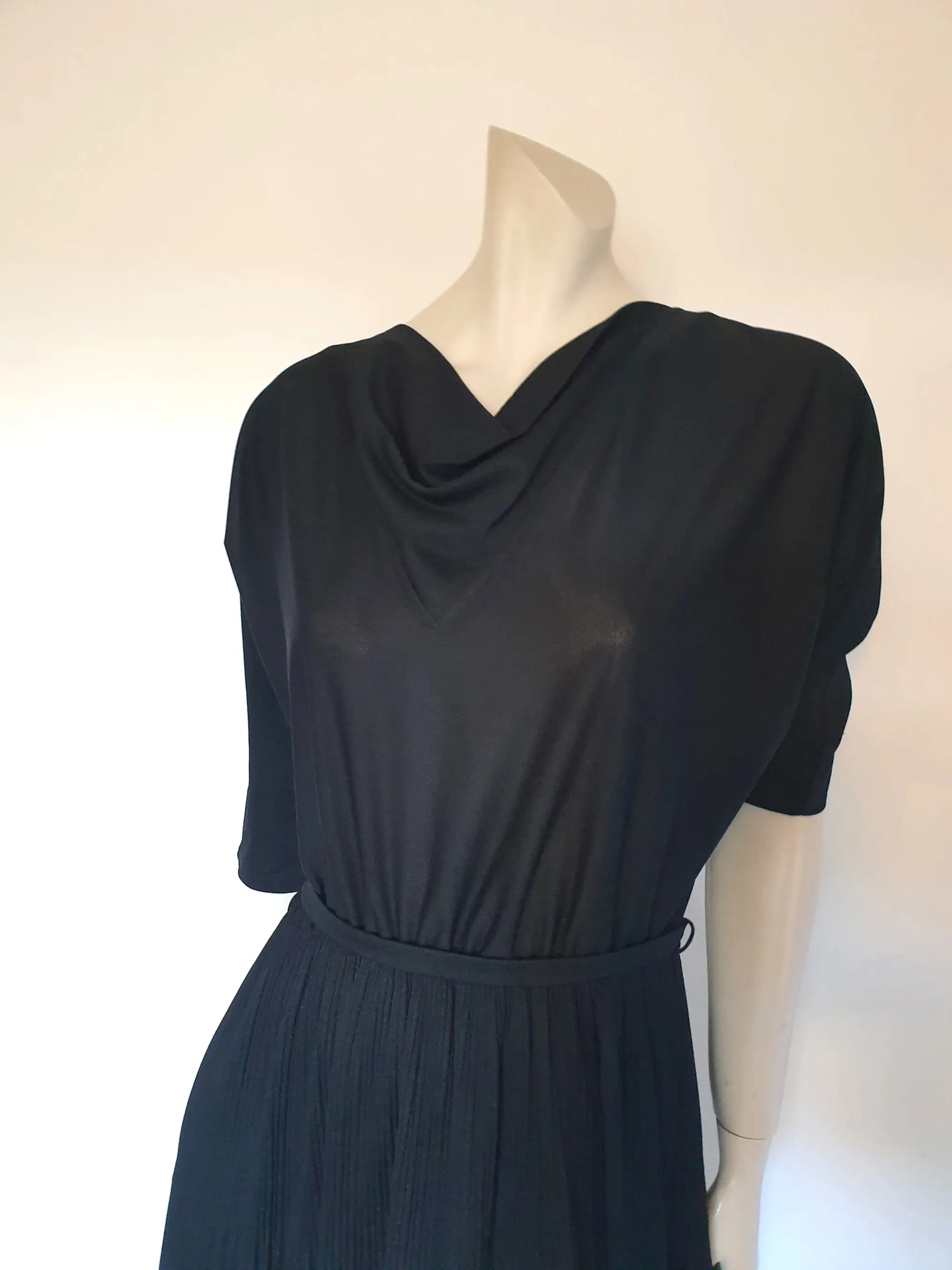 Black, Cowl Neck, Pleated Dress With Batwing Sleeves by Zora - M