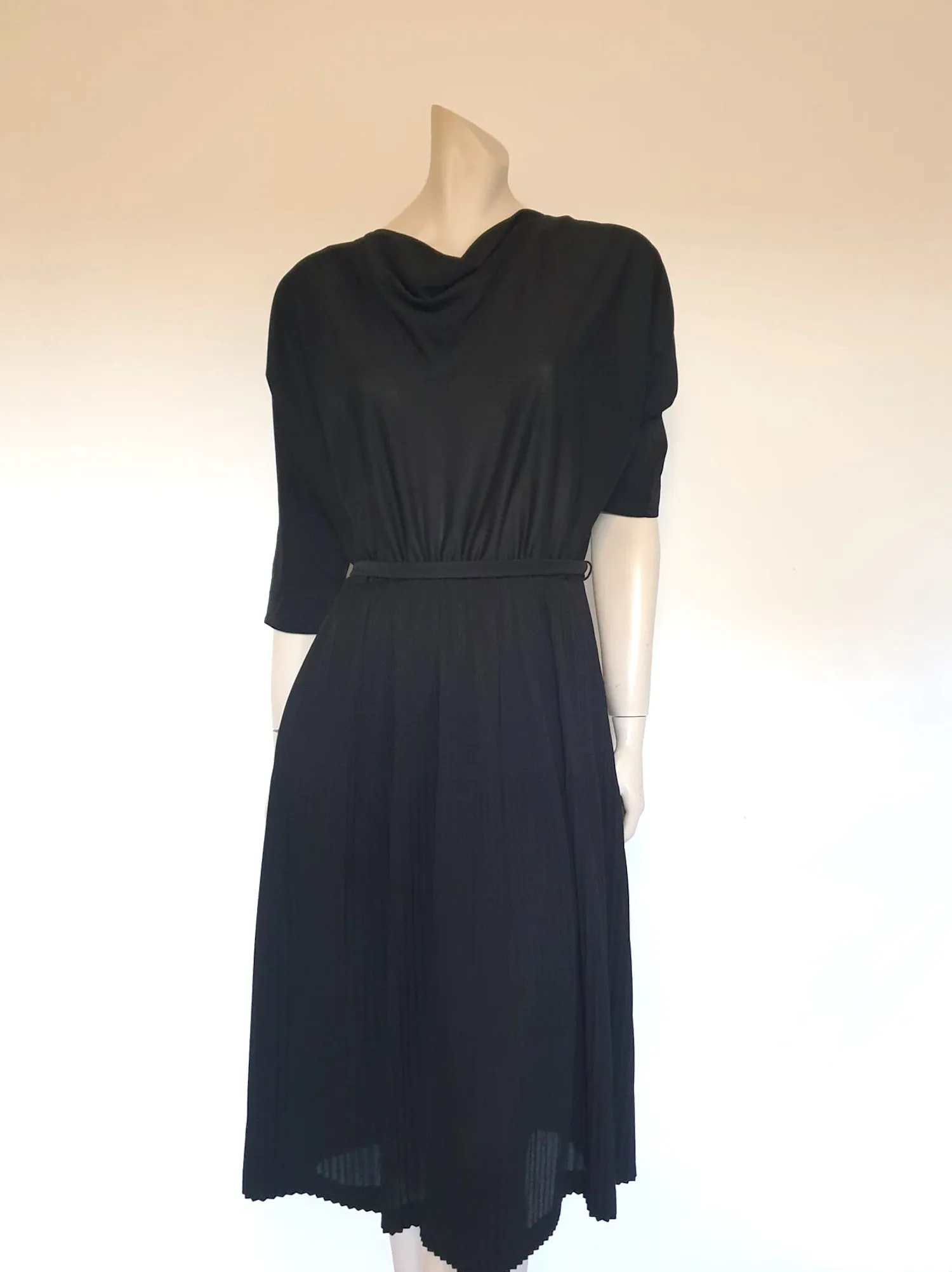 Black, Cowl Neck, Pleated Dress With Batwing Sleeves by Zora - M