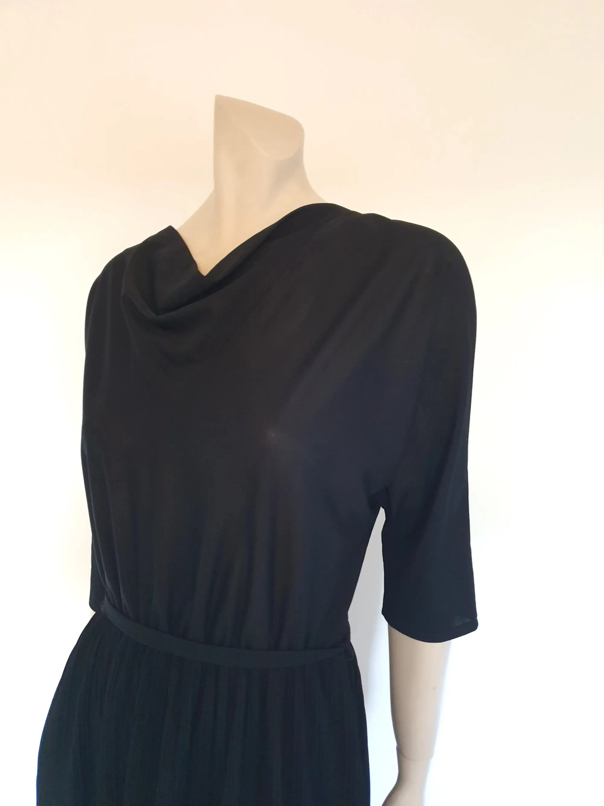 Black, Cowl Neck, Pleated Dress With Batwing Sleeves by Zora - M