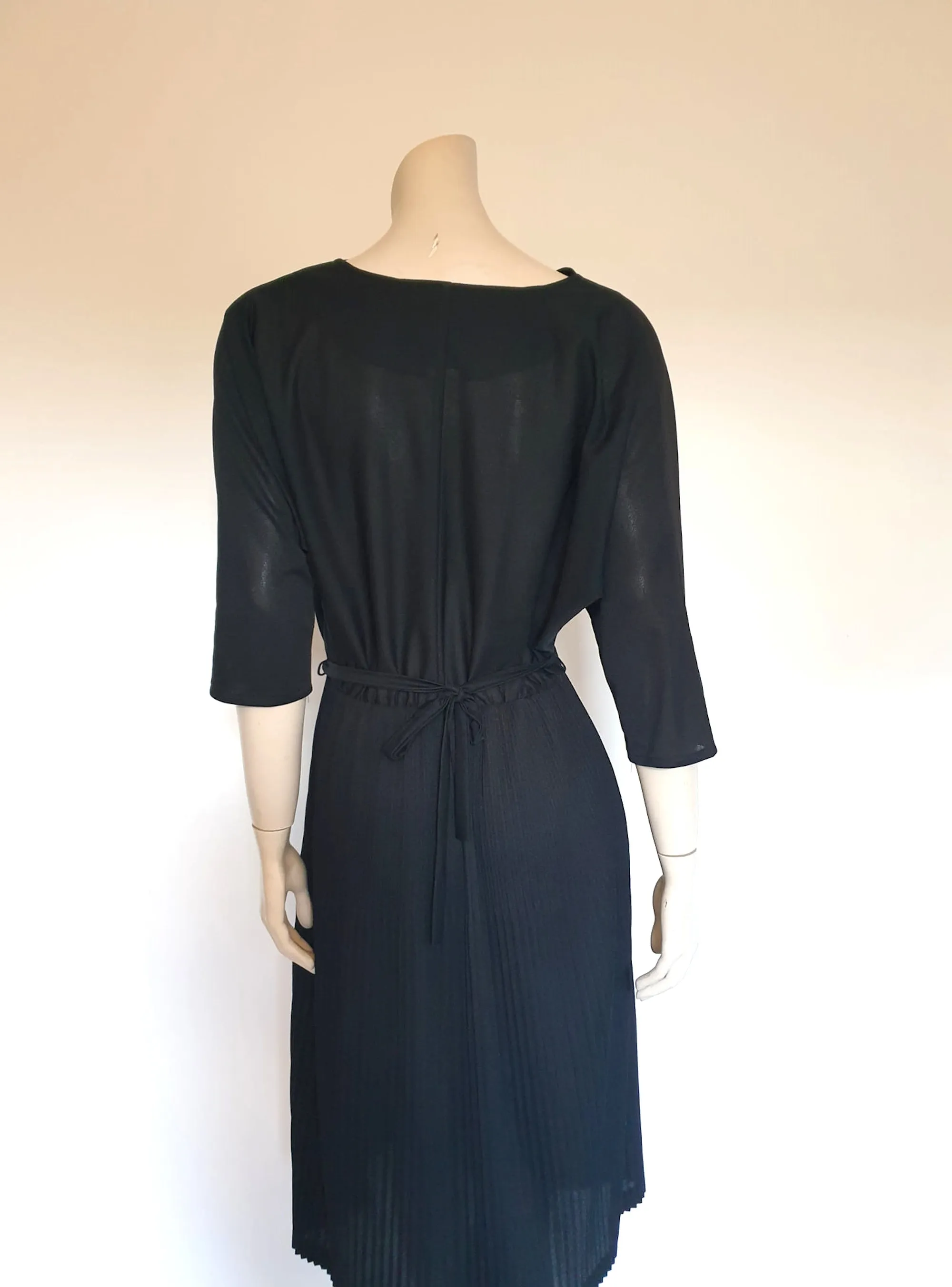 Black, Cowl Neck, Pleated Dress With Batwing Sleeves by Zora - M