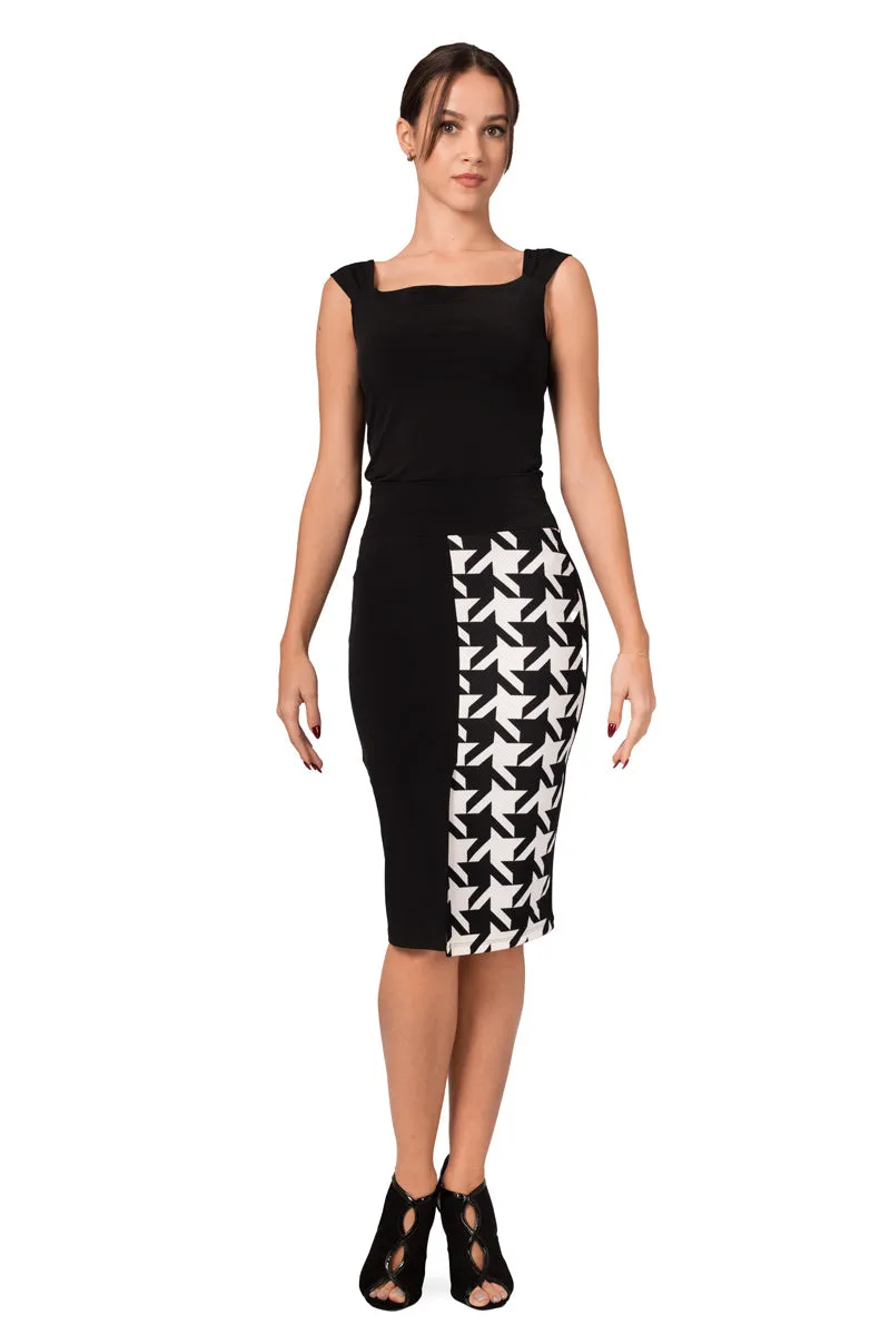 Black Pencil Skirt With Big B&W Houndstooth Pattern