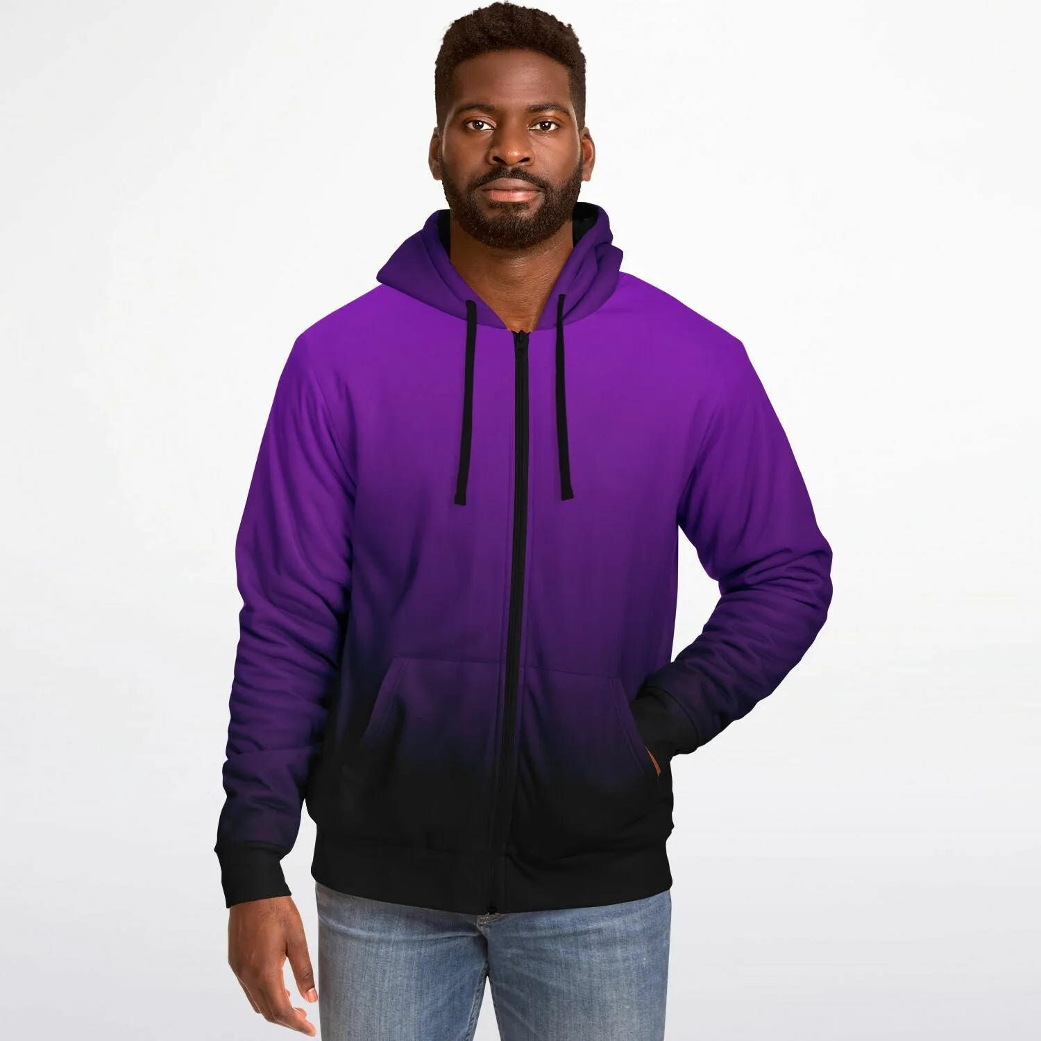 Black Purple Ombre Zip Up Fleece Lined Hoodie, Gradient Tie Dye Heavyweight Sherpa Full Zipper Pocket Men Women Hooded Sweatshirt Jacket