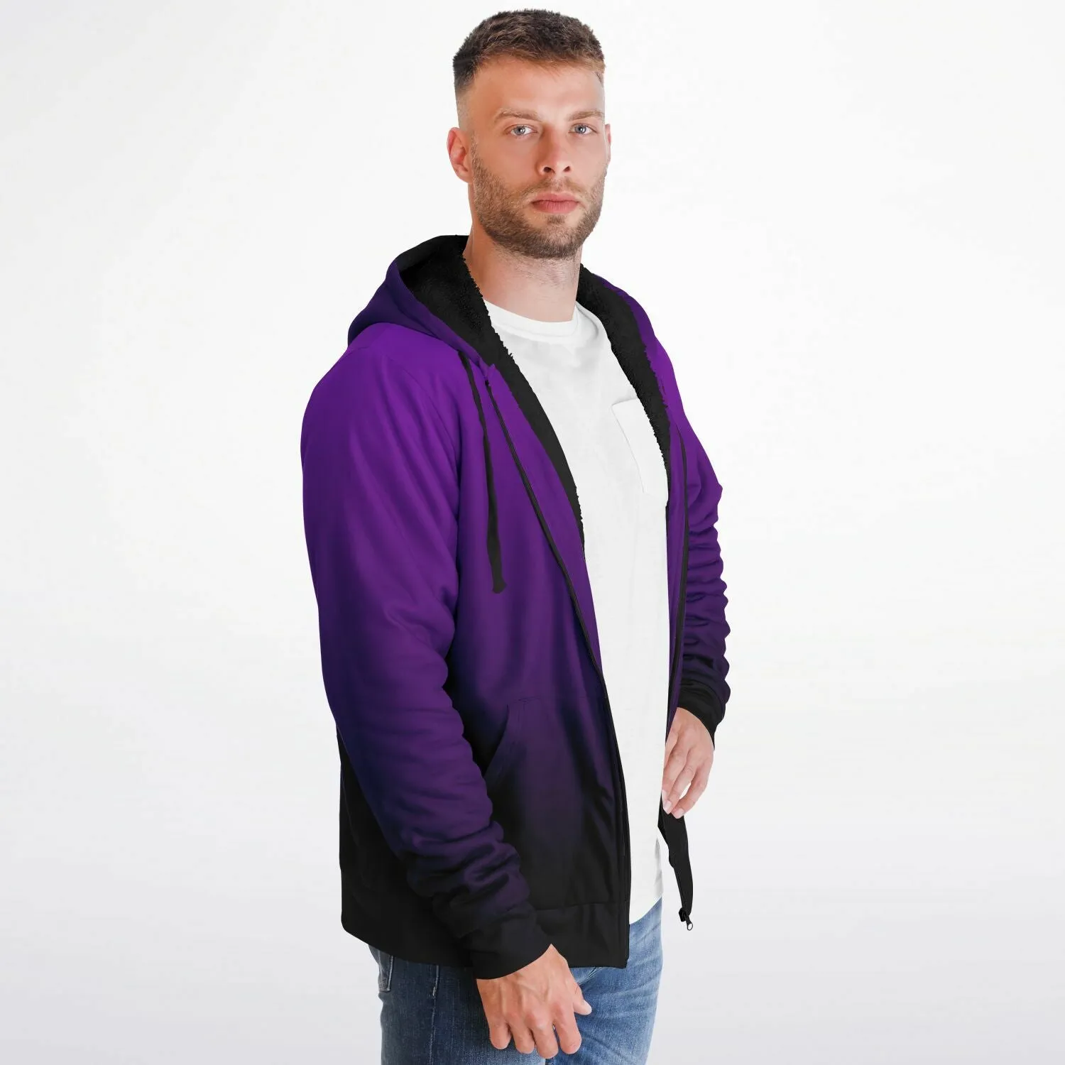 Black Purple Ombre Zip Up Fleece Lined Hoodie, Gradient Tie Dye Heavyweight Sherpa Full Zipper Pocket Men Women Hooded Sweatshirt Jacket