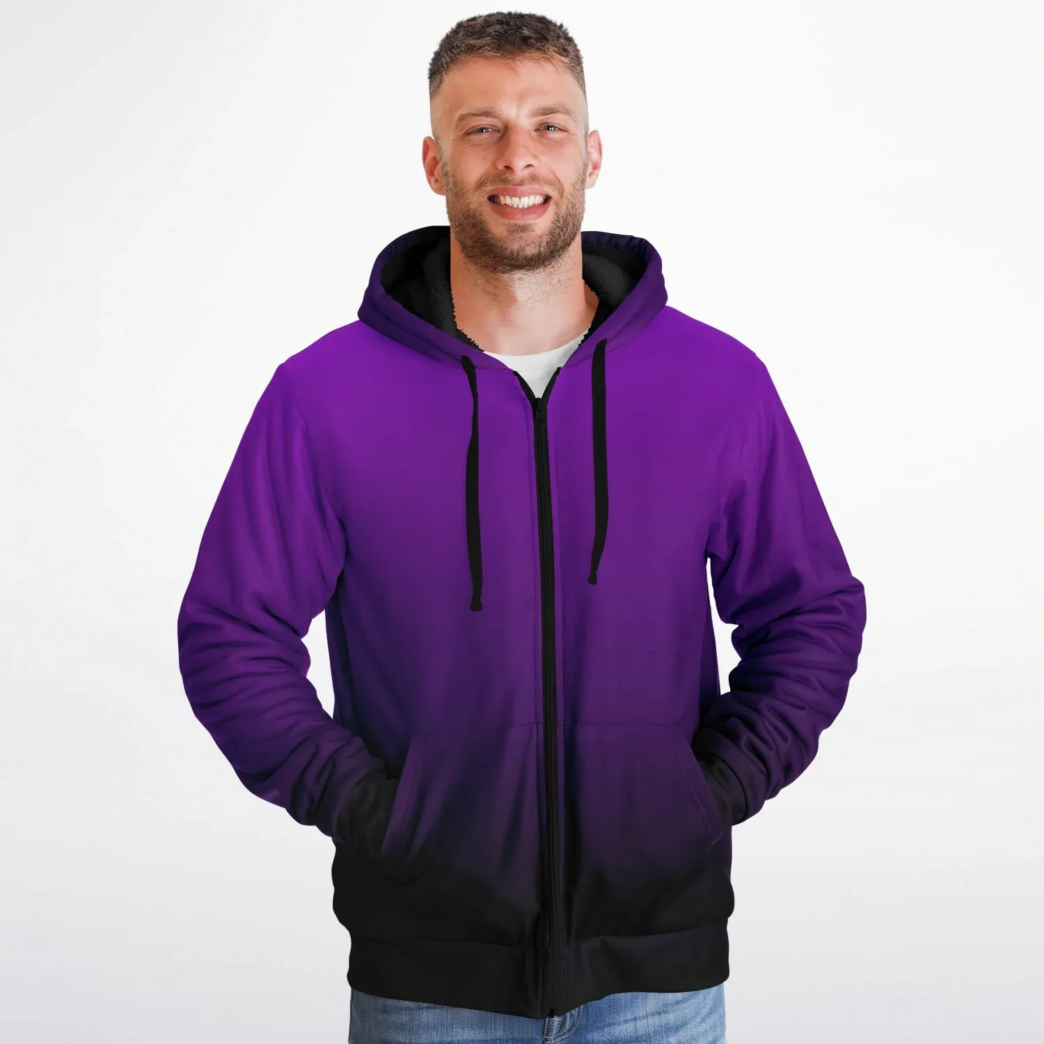 Black Purple Ombre Zip Up Fleece Lined Hoodie, Gradient Tie Dye Heavyweight Sherpa Full Zipper Pocket Men Women Hooded Sweatshirt Jacket