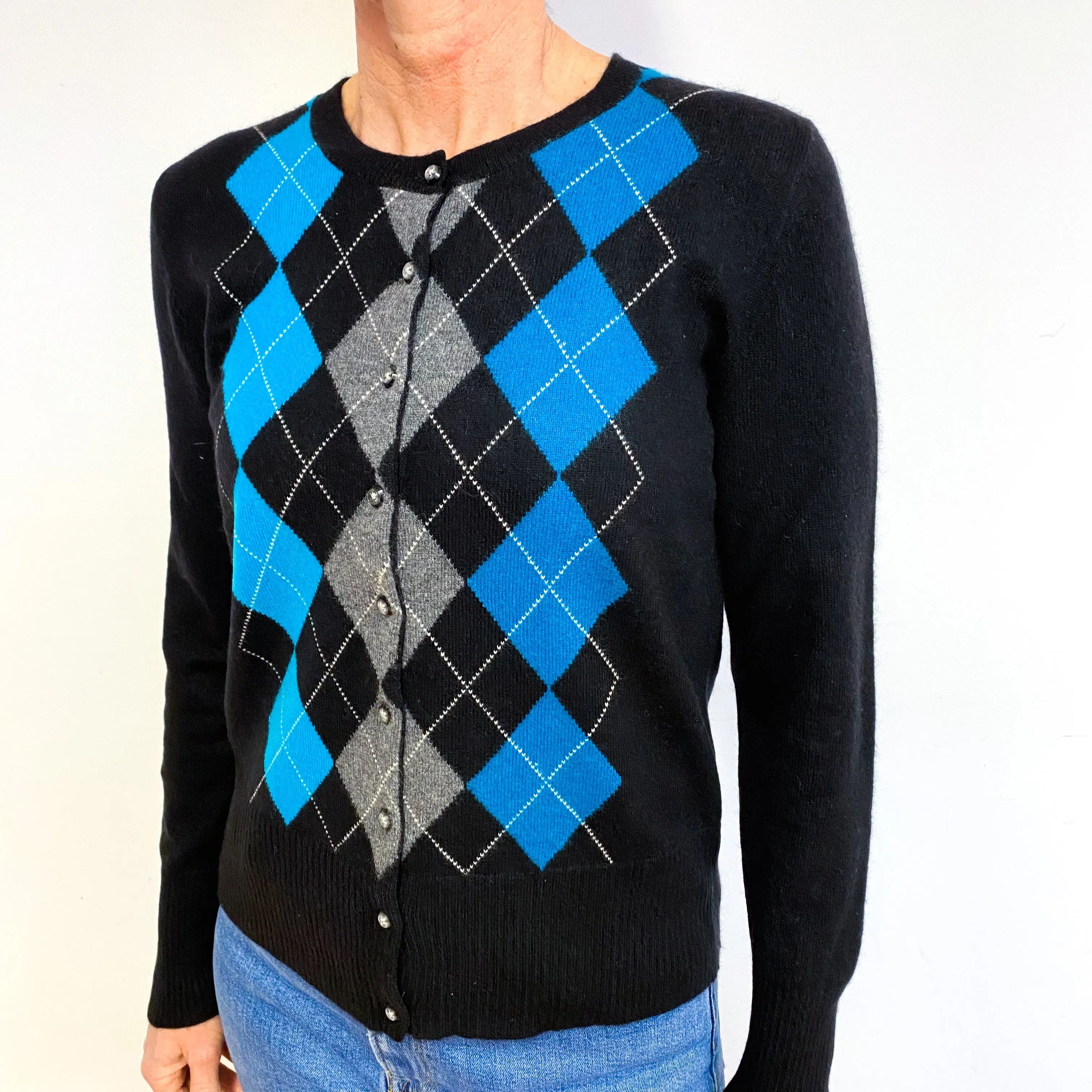 Black Turquoise Argyle Cashmere Crew Neck Cardigan Medium