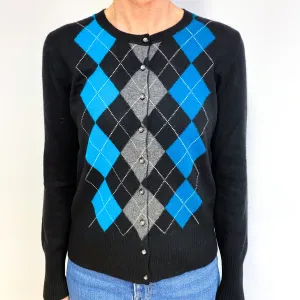 Black Turquoise Argyle Cashmere Crew Neck Cardigan Medium