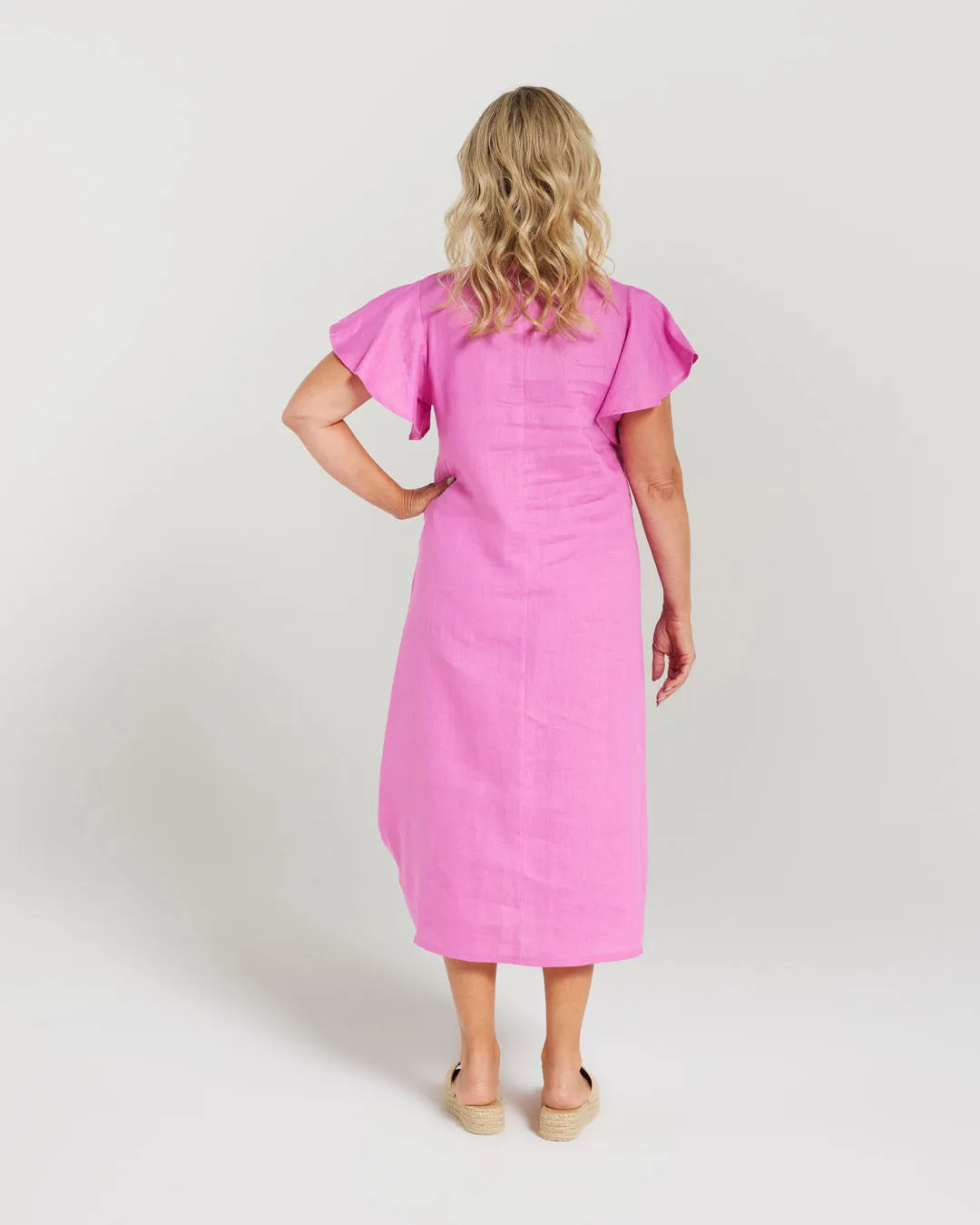 Blackstone Clothing Linen Flutter Sleeve Drawstring Dress-Super Pink