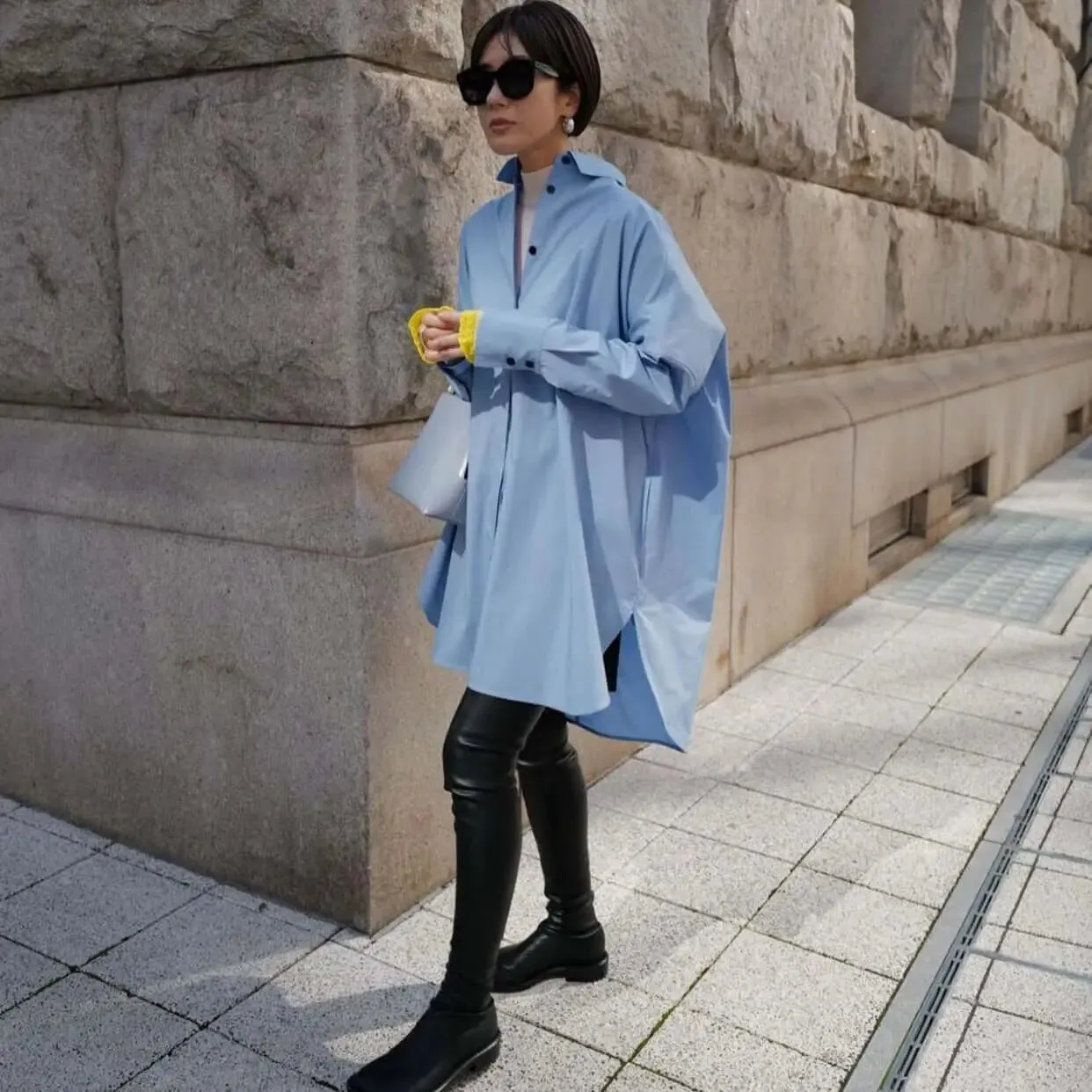 Blue Cotton Midi Shirt Dress with Lapel Collar and Long Sleeves