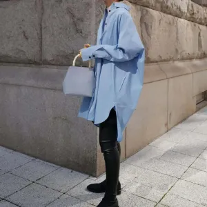 Blue Cotton Midi Shirt Dress with Lapel Collar and Long Sleeves