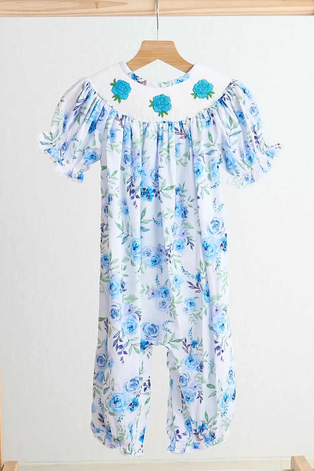 Blue rose hand smocked print girl romper