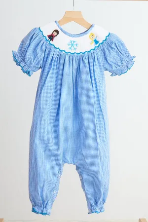 Blue snow princess hand smocked gingham girl romper