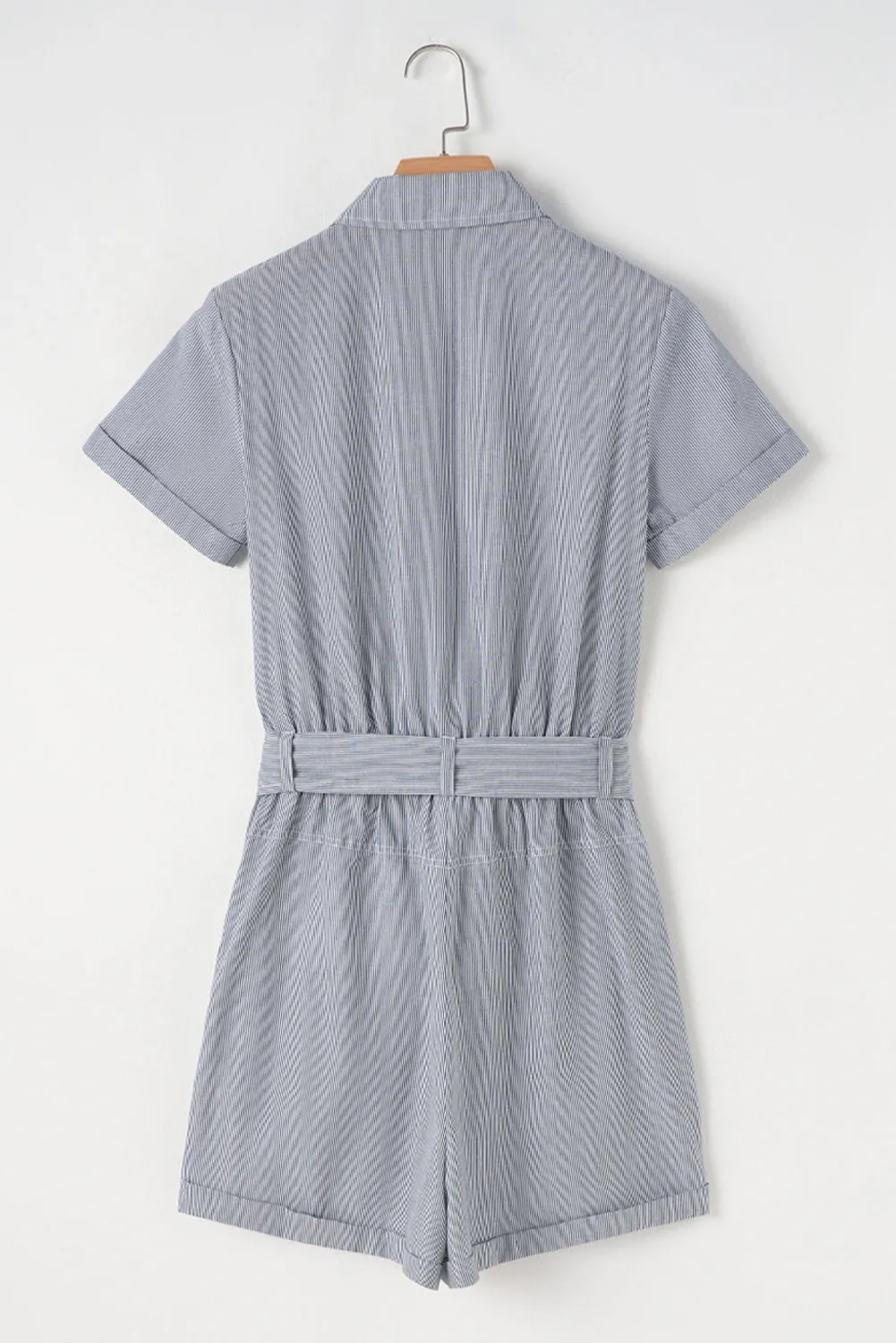 Blue Stripe Chest Pockets Buttoned Belted High Waist Romper