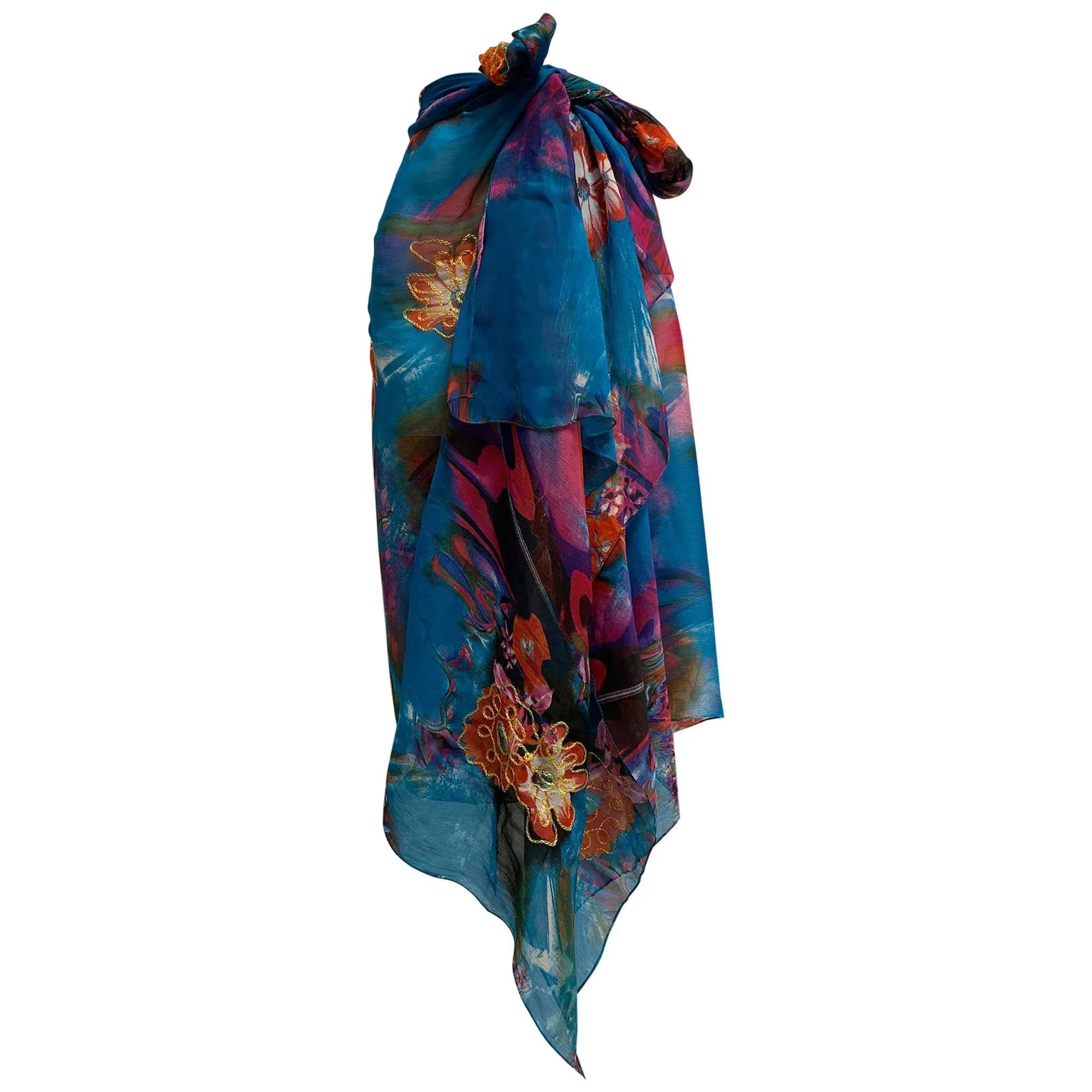 Bohemian Embroidered Blue/Purple Floral Large Long Sheer Scarf Shawl Cover-Up Boho Beach Wrap JK379