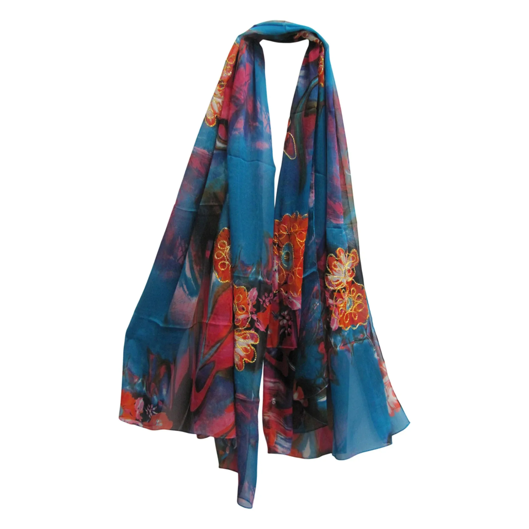 Bohemian Embroidered Blue/Purple Floral Large Long Sheer Scarf Shawl Cover-Up Boho Beach Wrap JK379