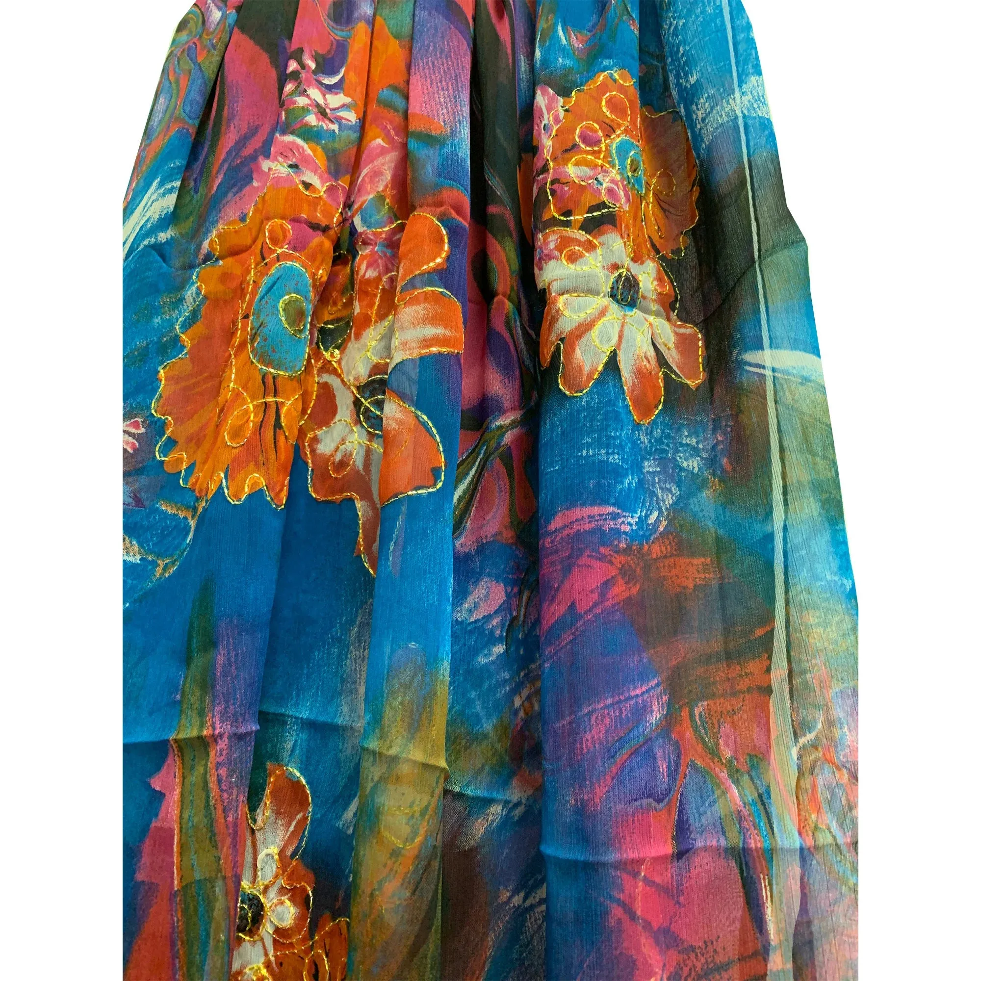 Bohemian Embroidered Blue/Purple Floral Large Long Sheer Scarf Shawl Cover-Up Boho Beach Wrap JK379