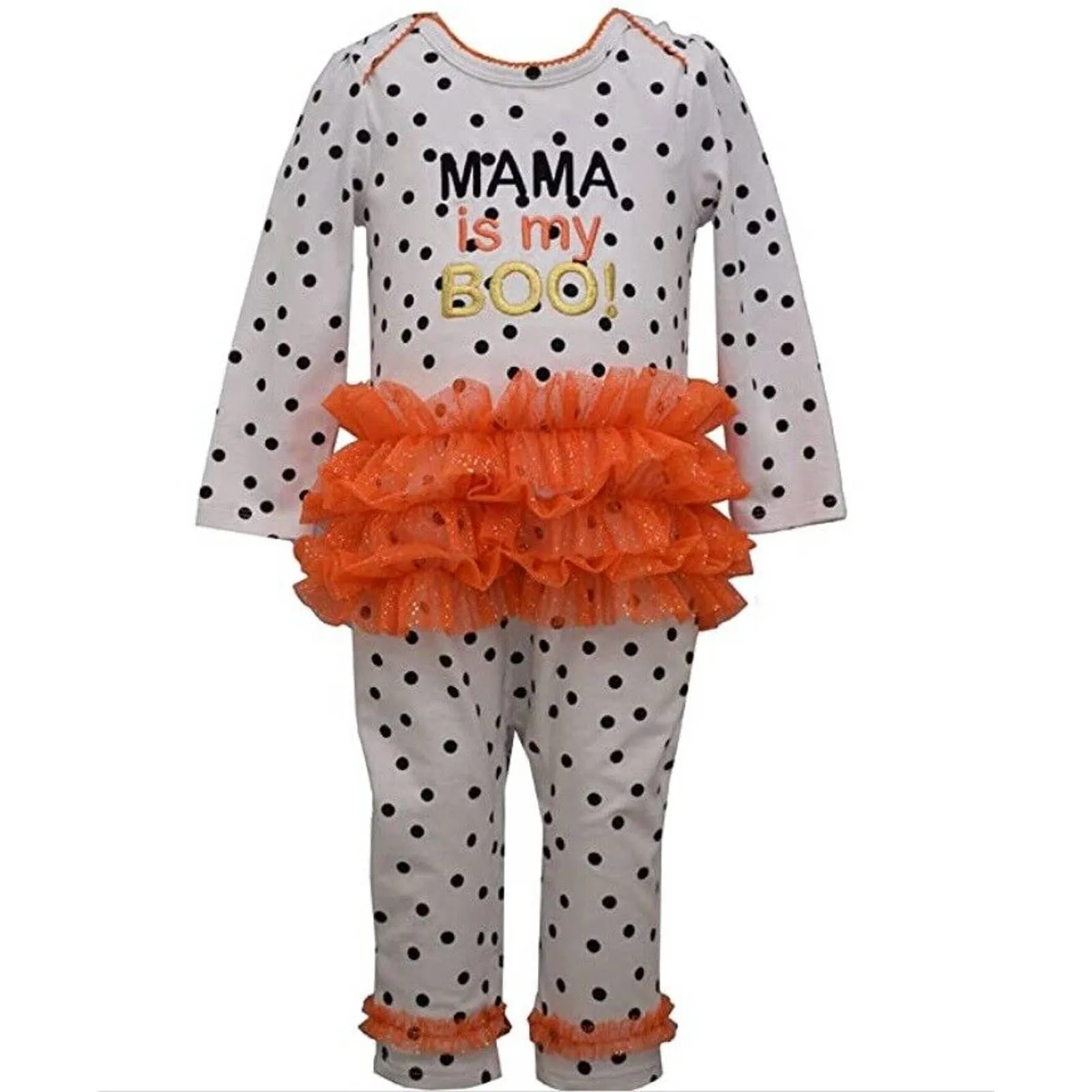 BONNIE BABY POLKA DOT JUMPSUIT, ORANGE RUFFLE, MAMA IS MY BOO EMBROIDERY