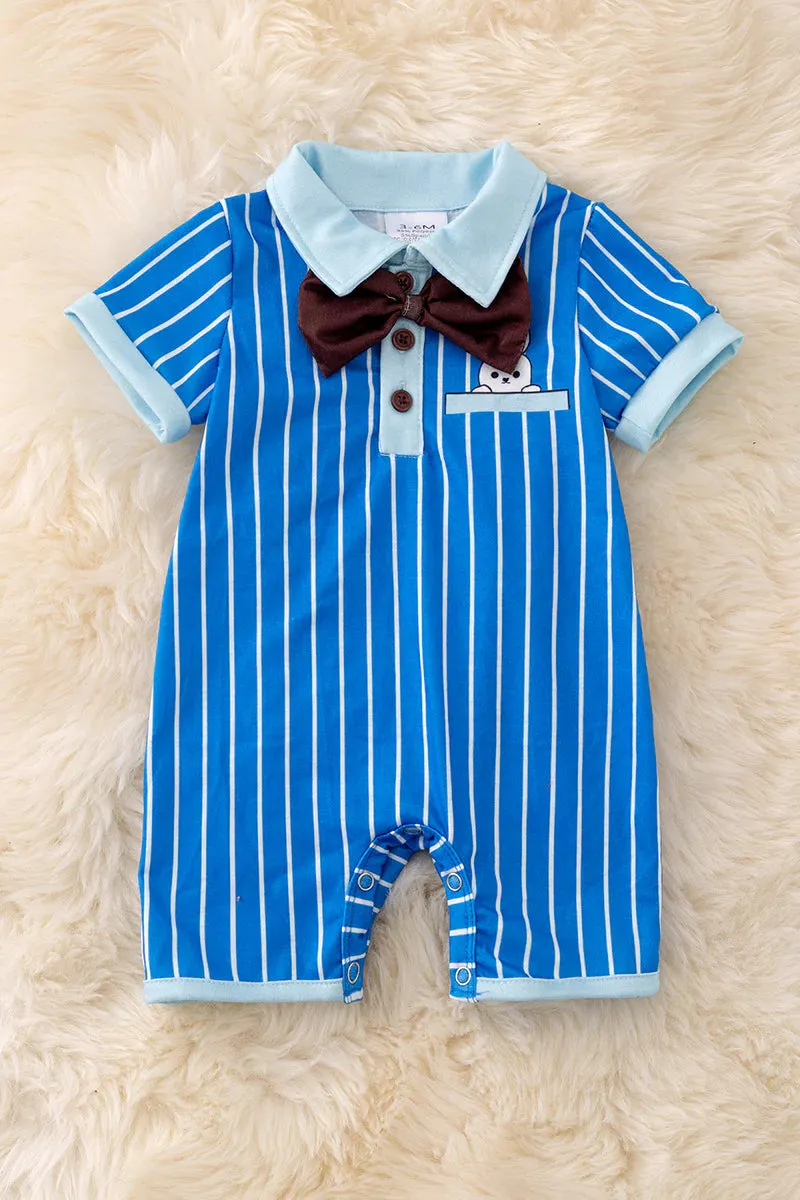 BOW TIE WHITE STRIPE ON BLUE BABY ROMPER WITH PRINTED BUNNY.