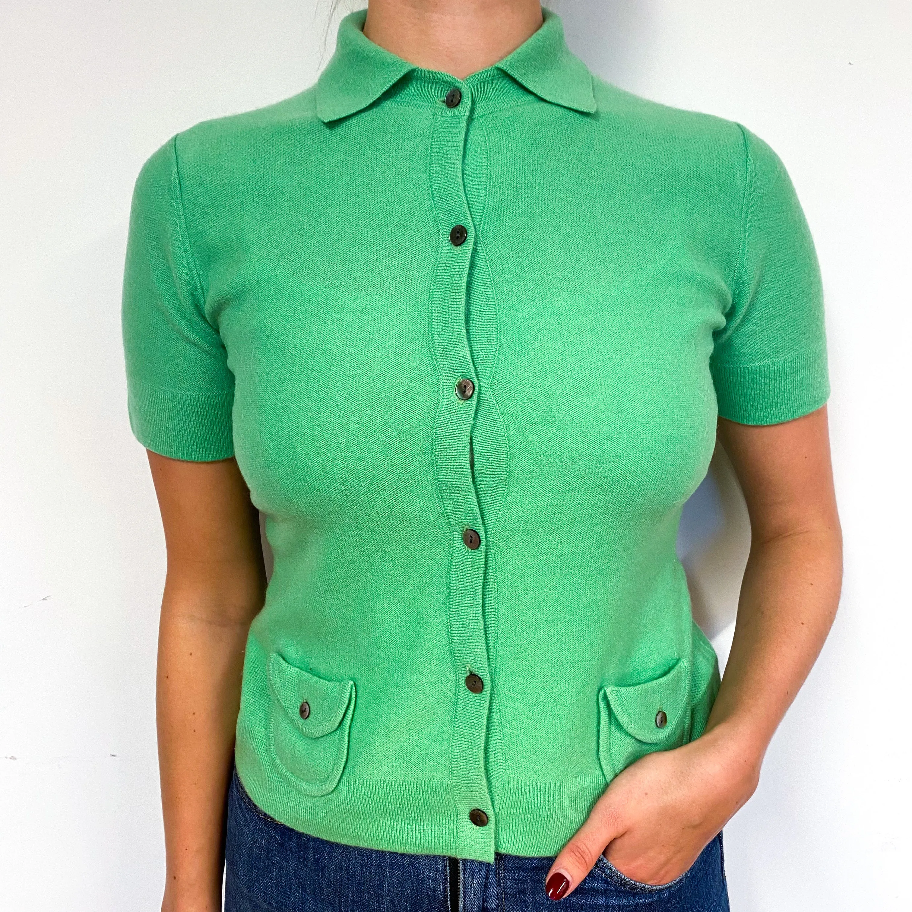 Bright Green Cashmere Short Sleeved Cardigan Small