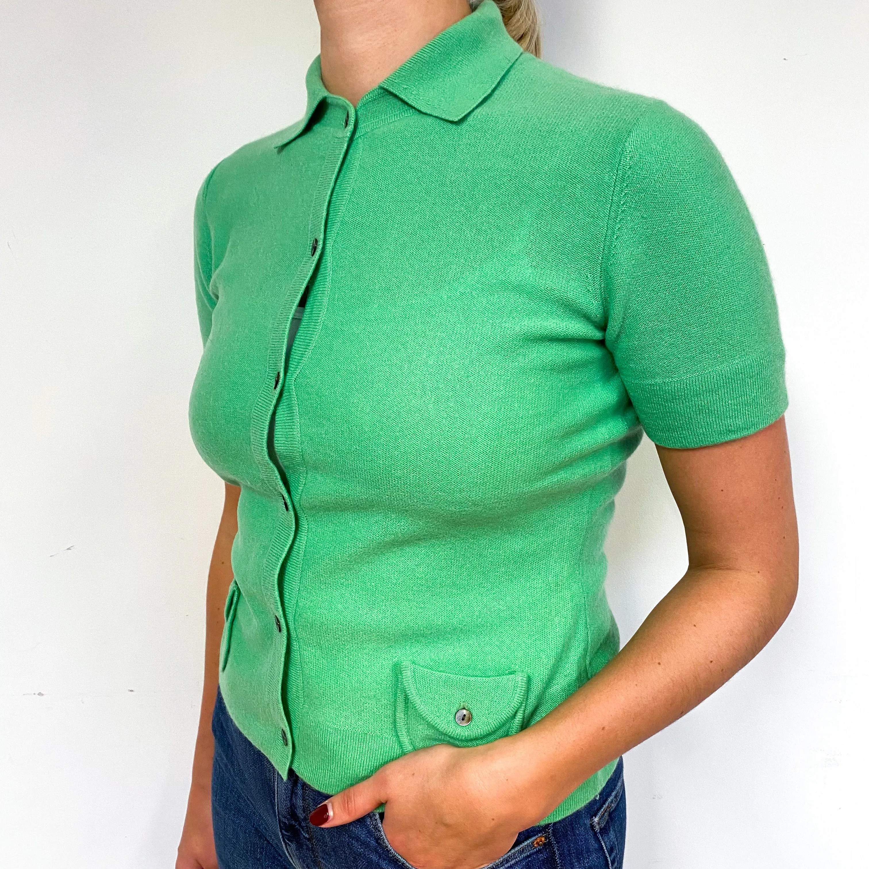 Bright Green Cashmere Short Sleeved Cardigan Small