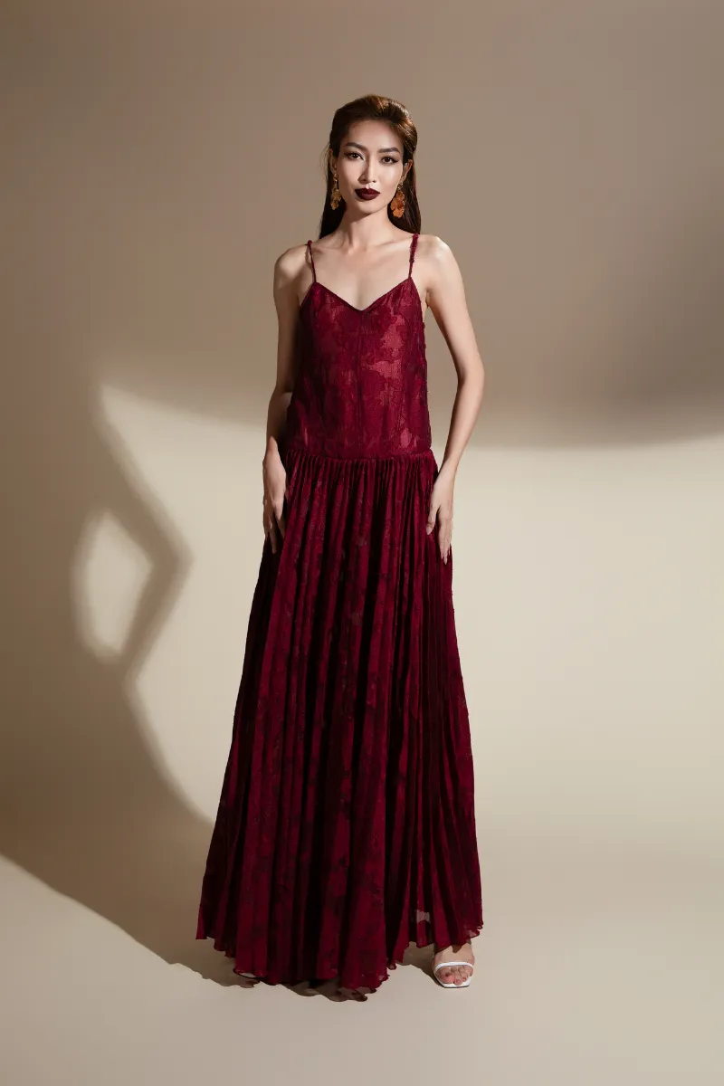 BRITTANY FLARED CAMISOLE BROCADE ORGANZA MAXI DRESS