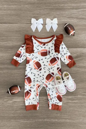 Brown & White Football Long Sleeve Romper