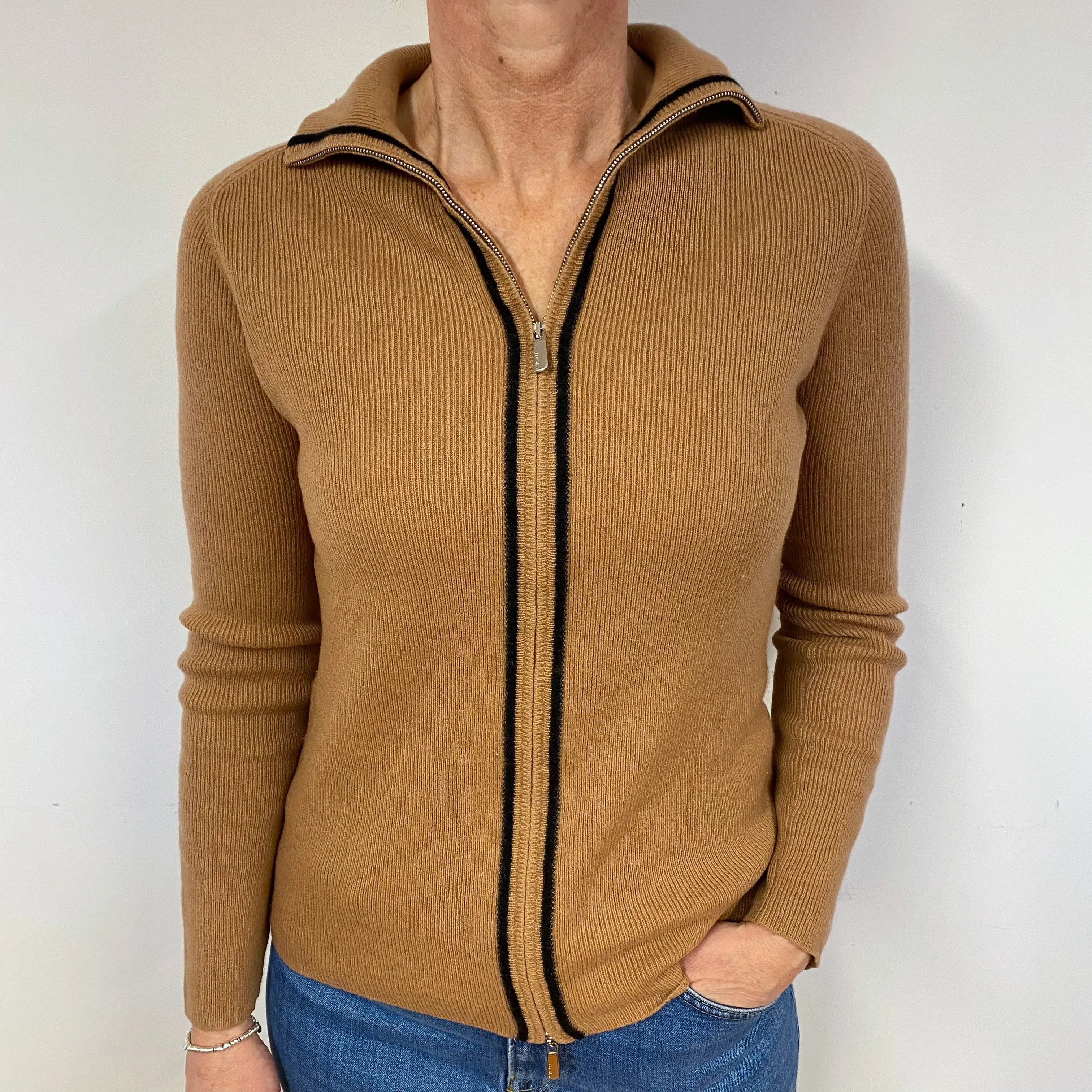 Butterscotch Brown Cashmere Zip Front Cardigan Medium/Petite