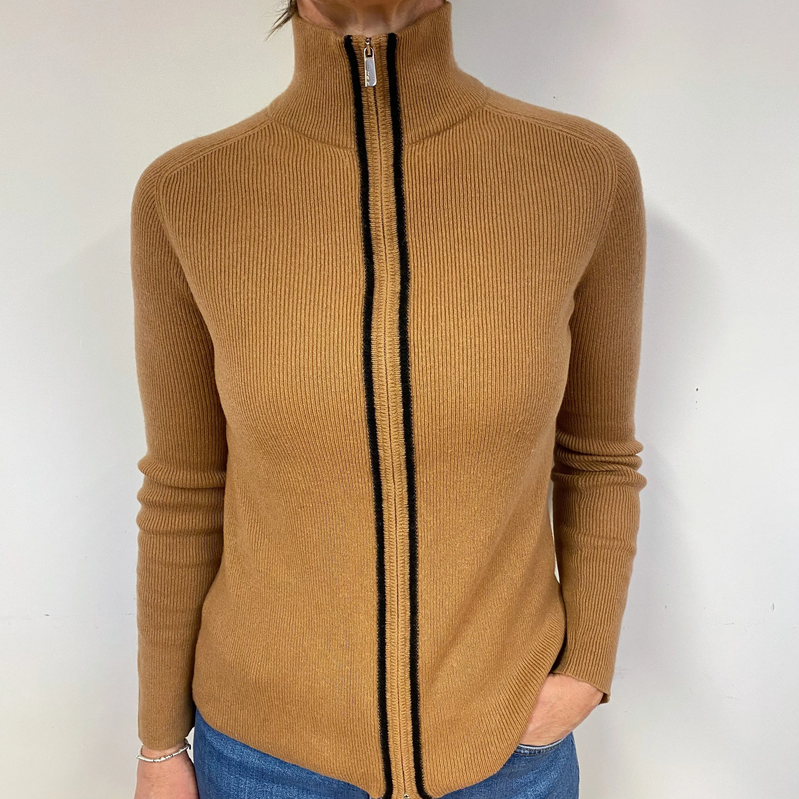 Butterscotch Brown Cashmere Zip Front Cardigan Medium/Petite