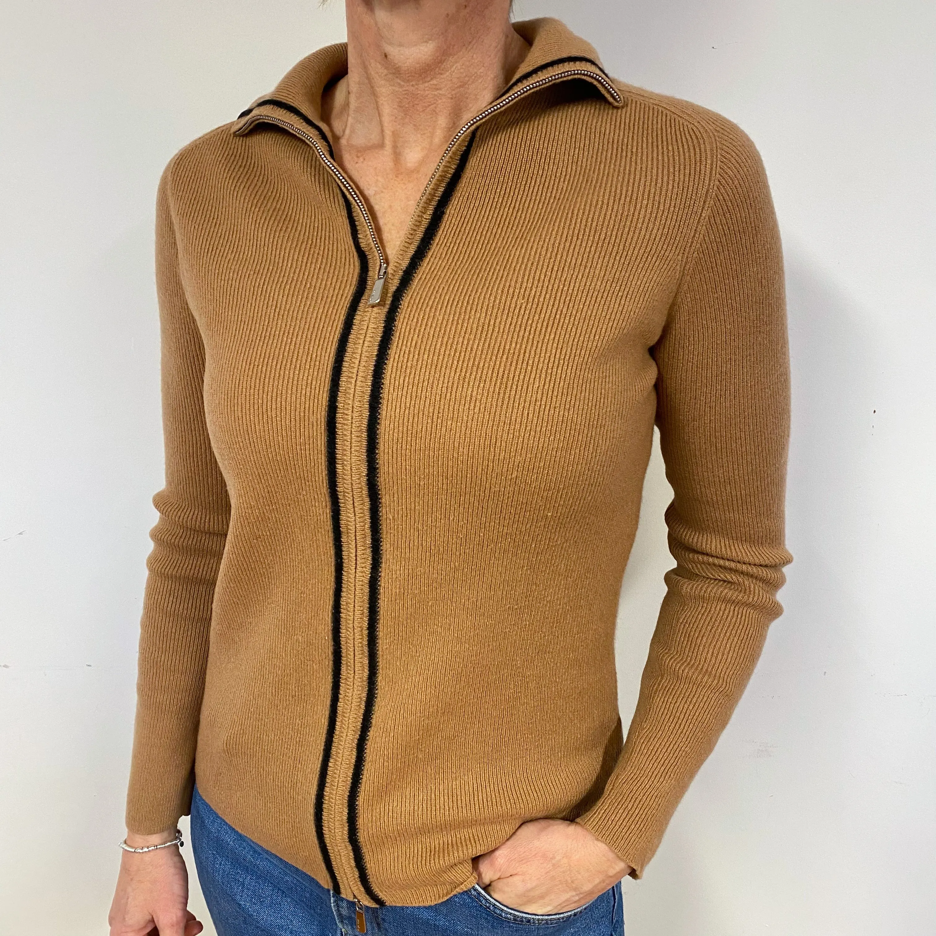 Butterscotch Brown Cashmere Zip Front Cardigan Medium/Petite