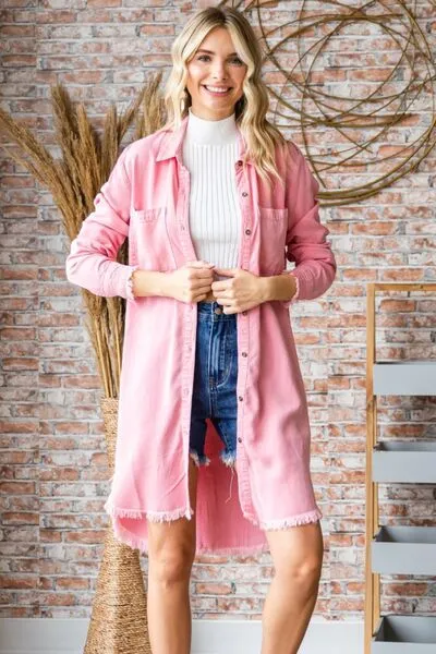 Button Up Shirt Dress with Frayed Hem in Pink