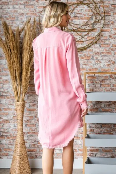 Button Up Shirt Dress with Frayed Hem in Pink